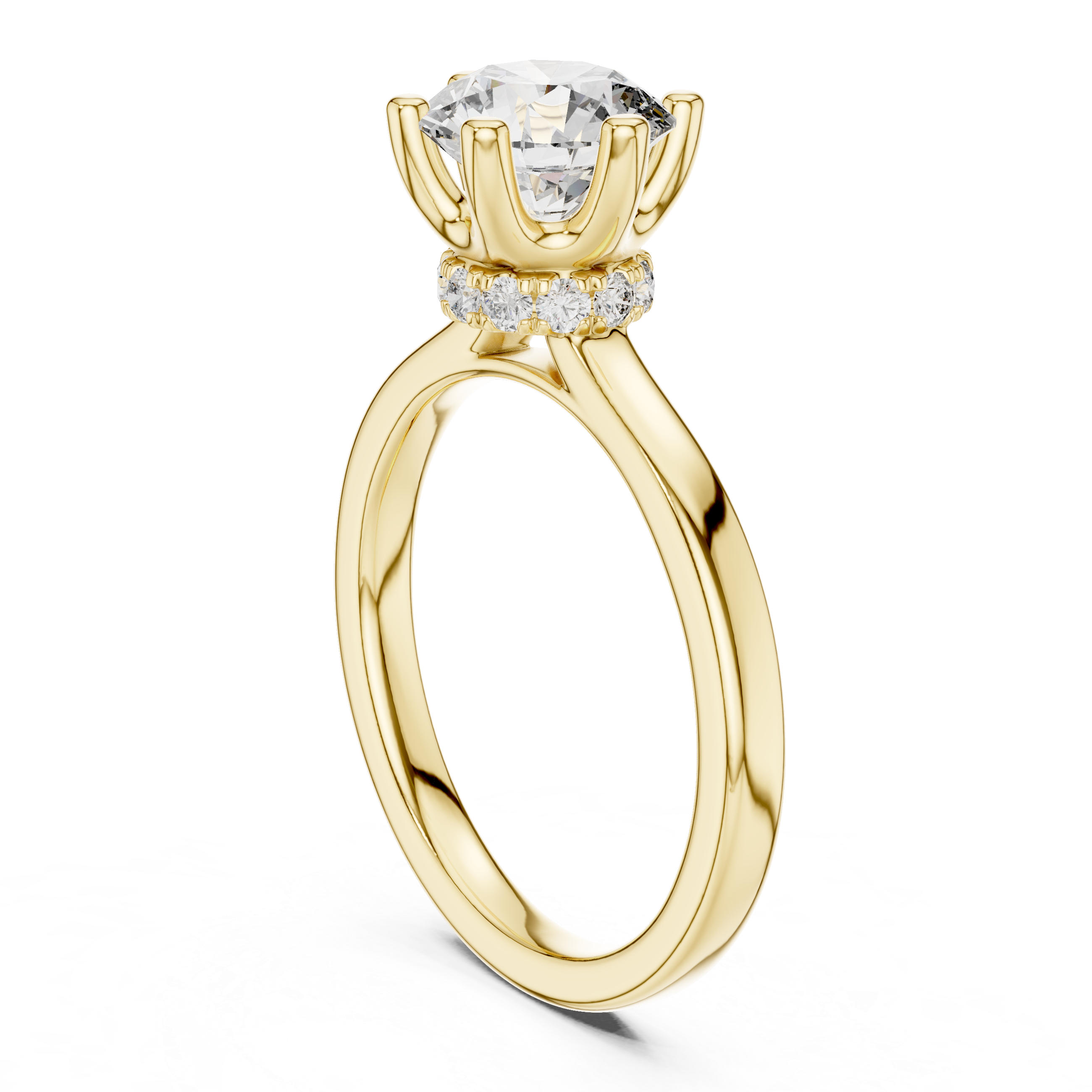 solitaire engagement ring with diamond halo beneath center stone