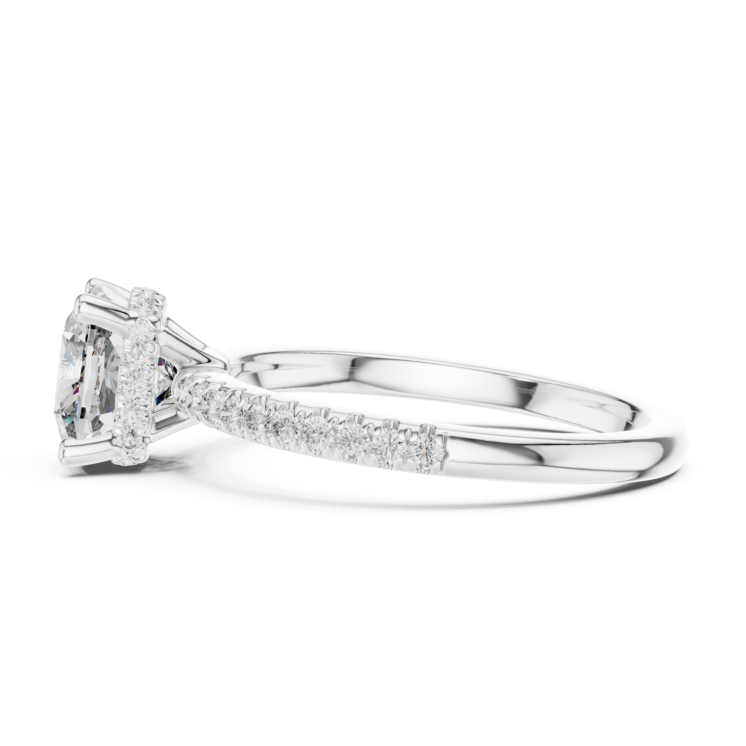 solitaire Diamond halo engagement ring with pav‚ band