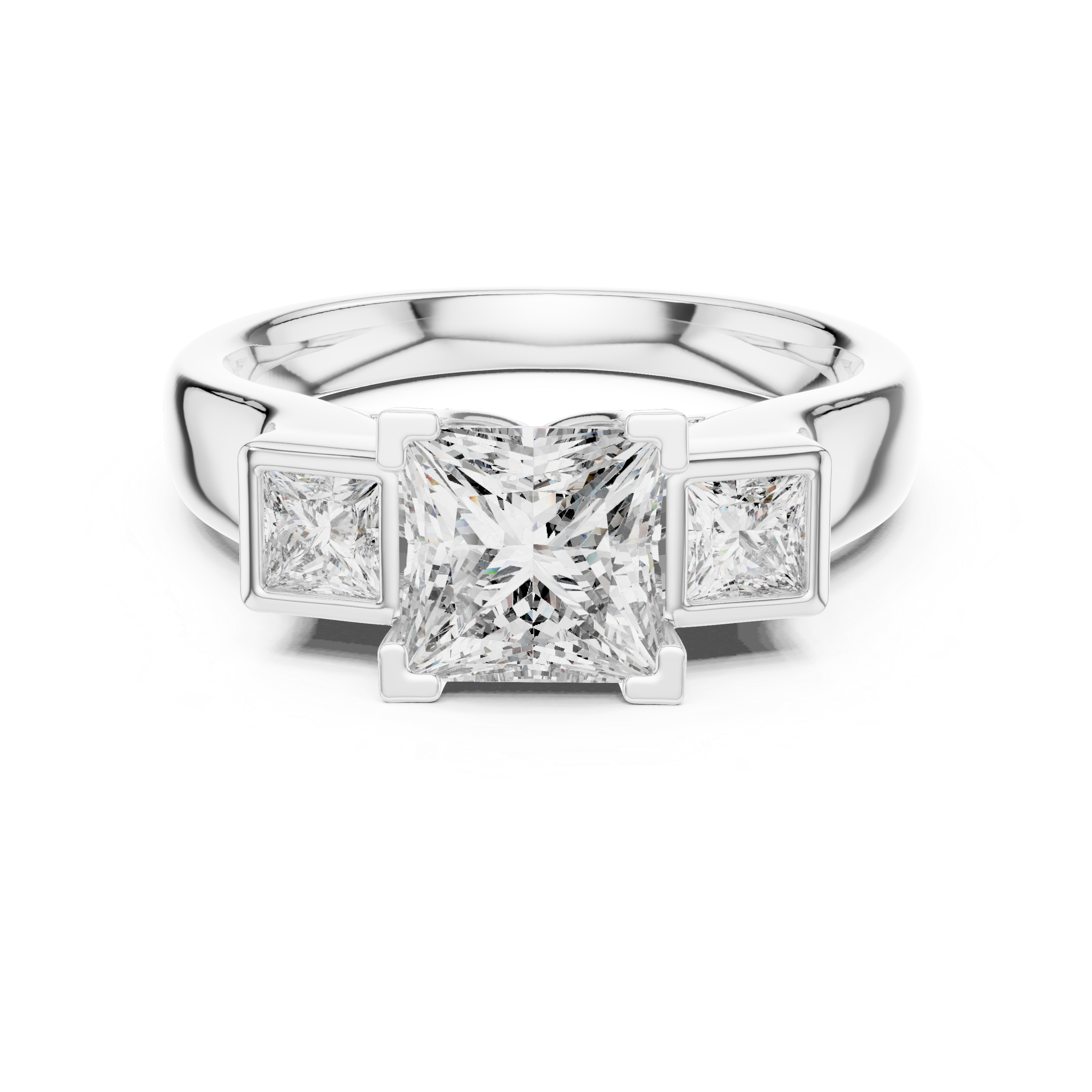Diamond three-stone engagement ring with side princess-cut diamonds