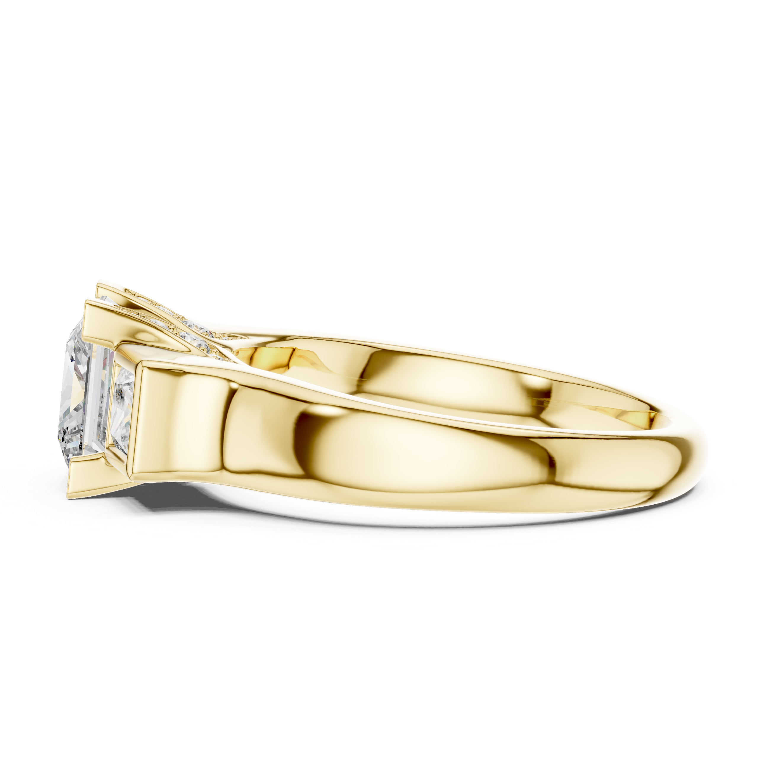 Diamond three-stone engagement ring with side princess-cut diamonds