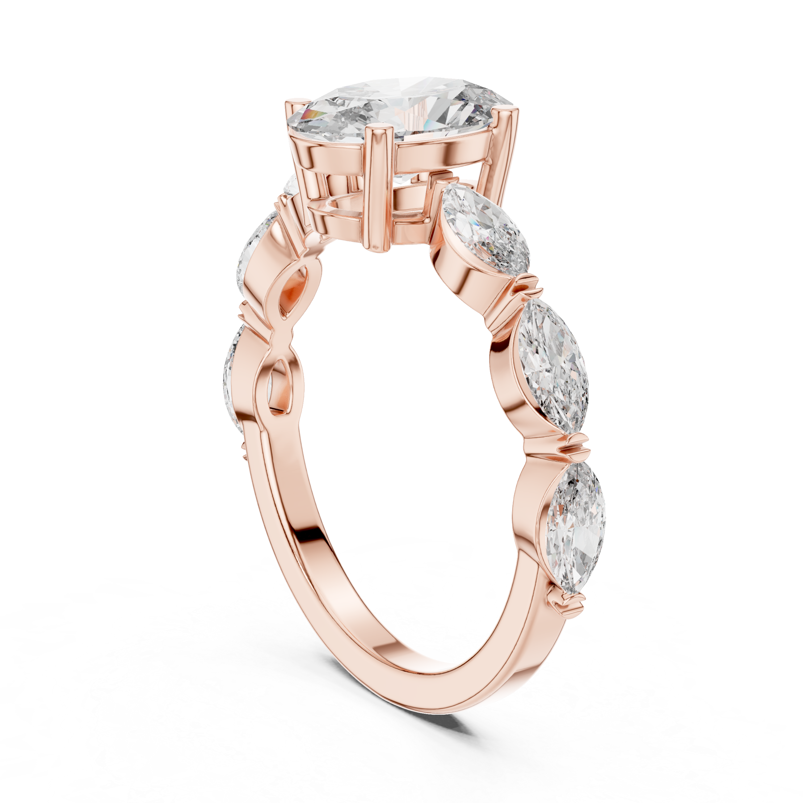 Diamond engagement ring with marquise side stones and a round center stone
