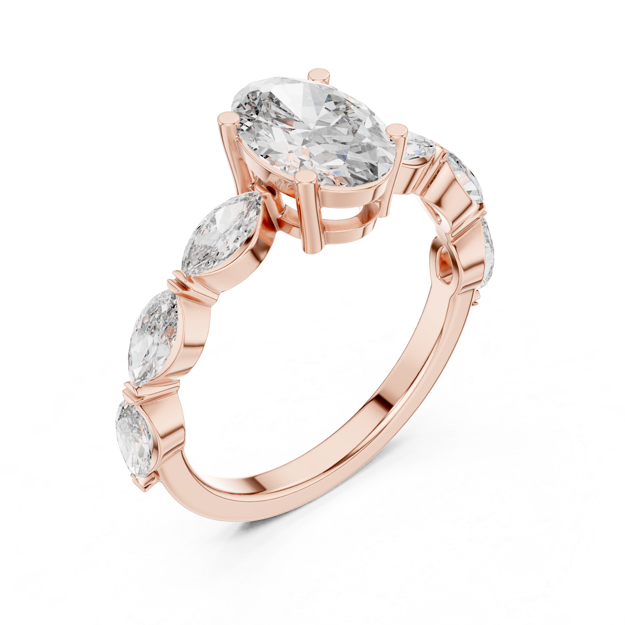 Diamond engagement ring with marquise side stones and a round center stone