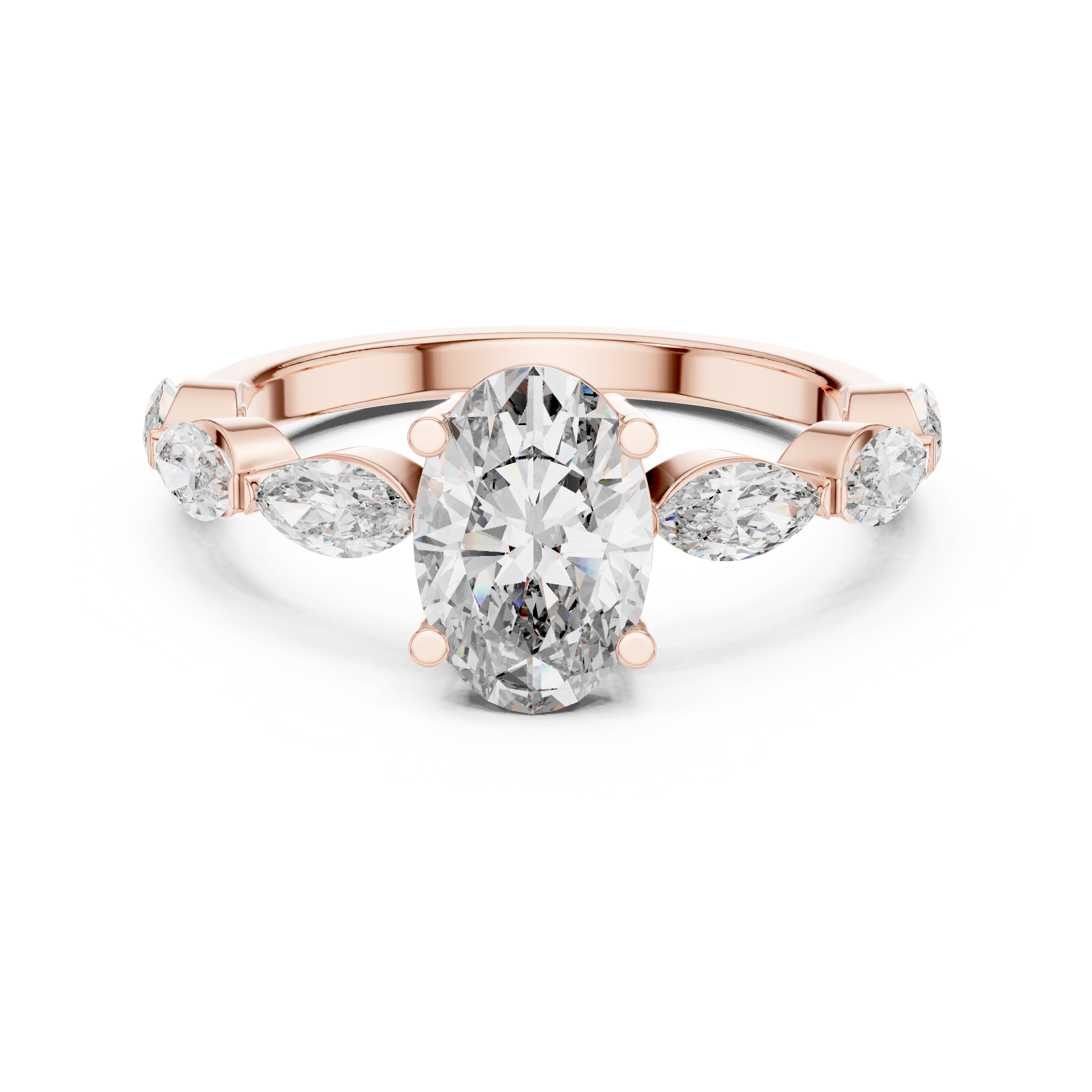 Diamond engagement ring with marquise side stones and a round center stone