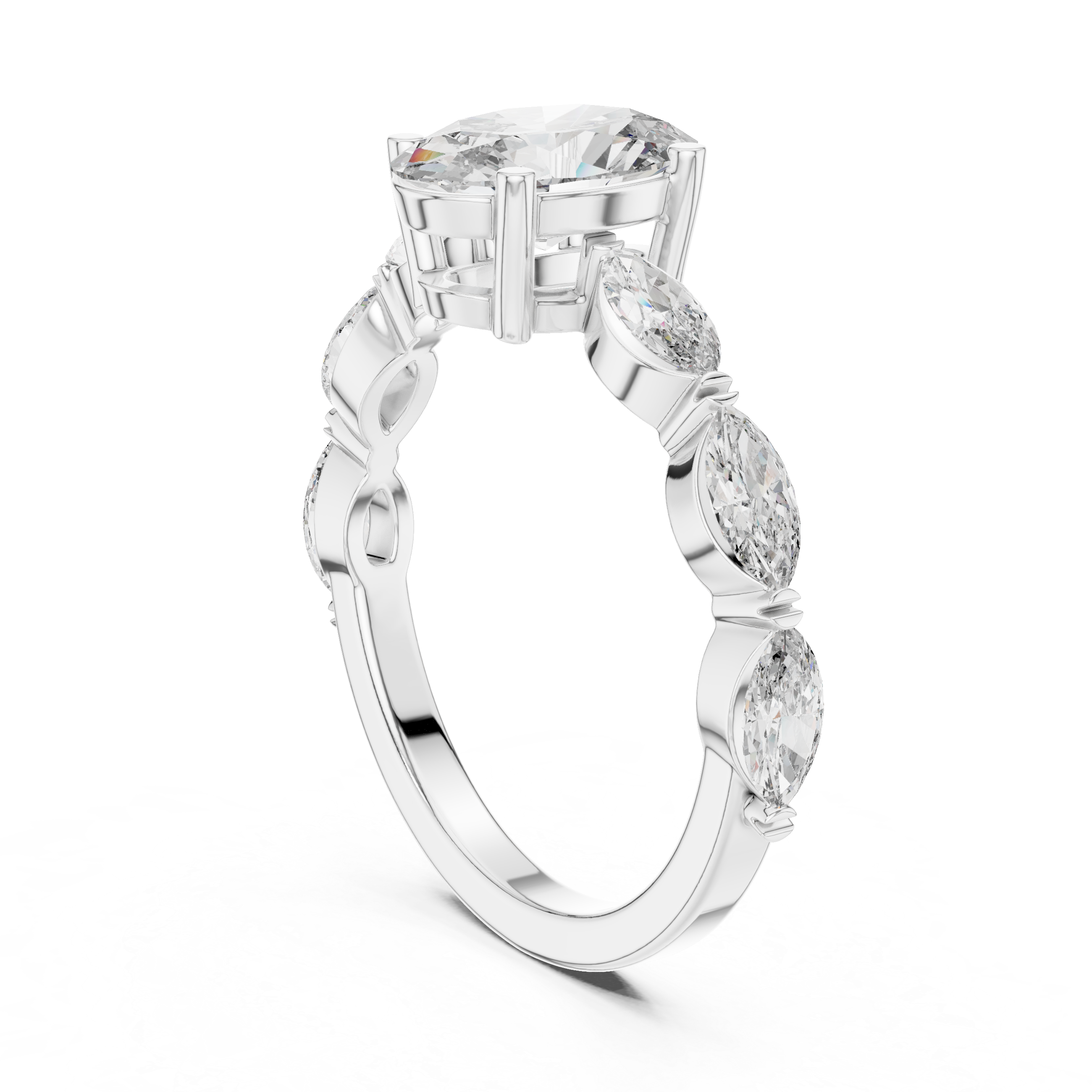 Diamond engagement ring with marquise side stones and a round center stone