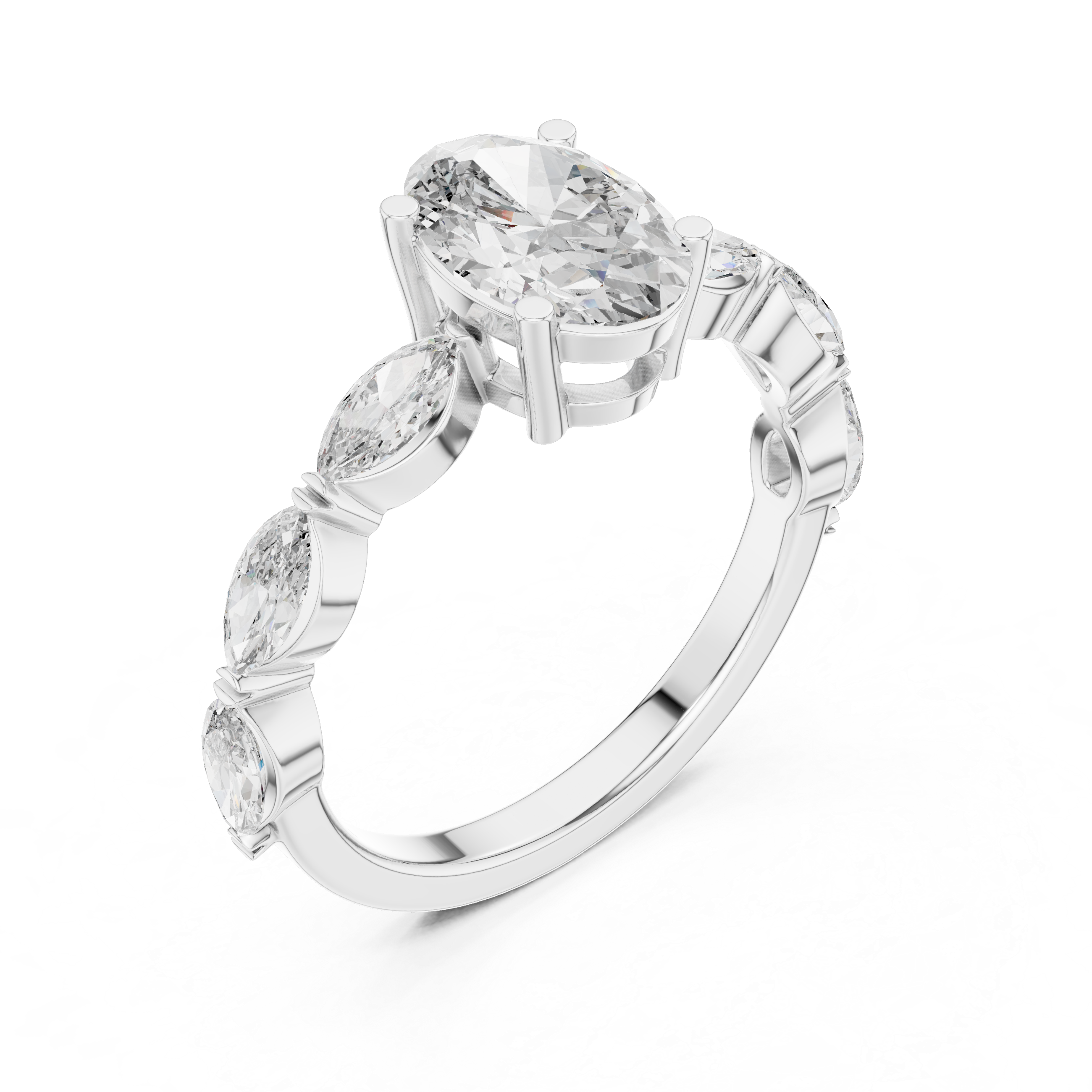 Diamond engagement ring with marquise side stones and a round center stone