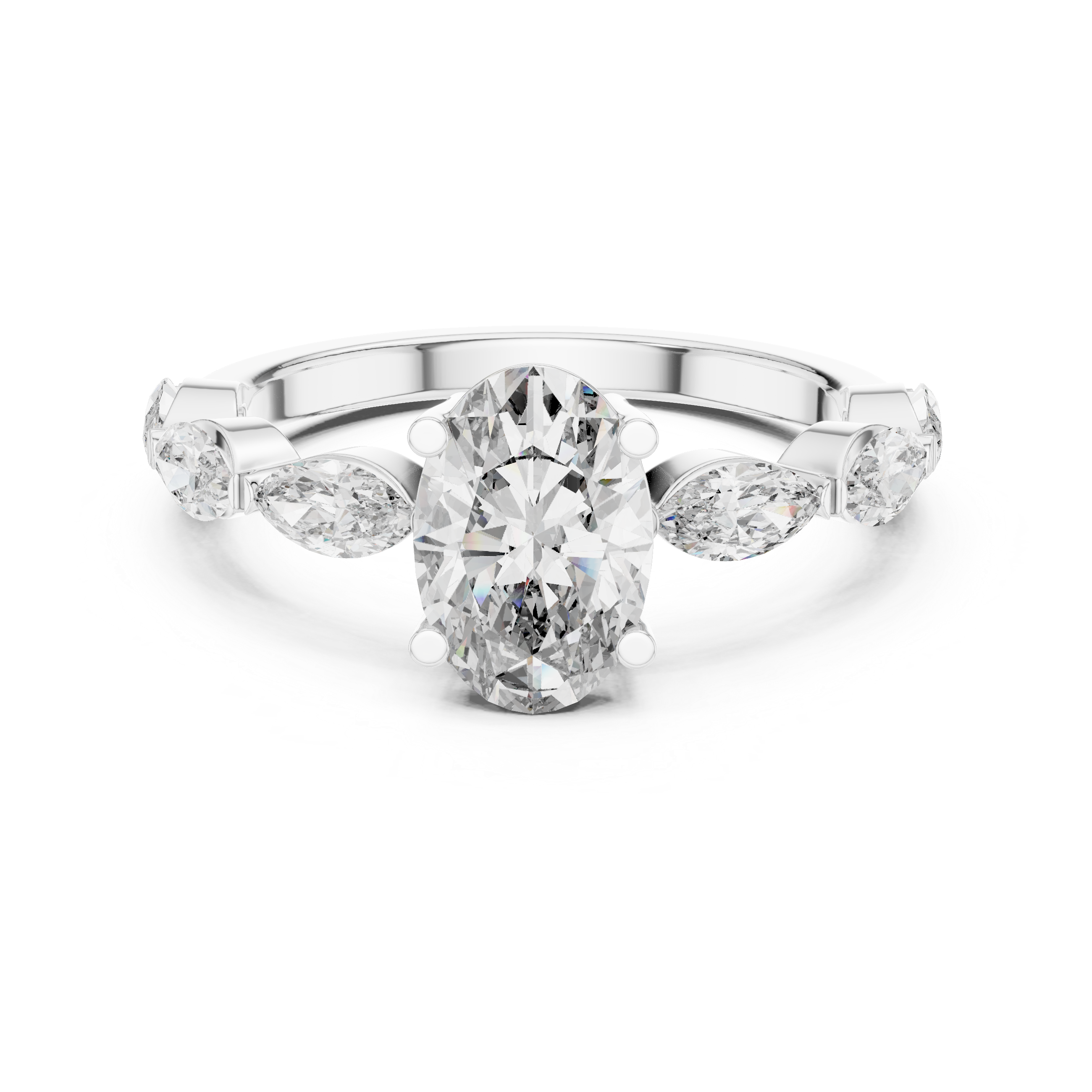 Diamond engagement ring with marquise side stones and a round center stone