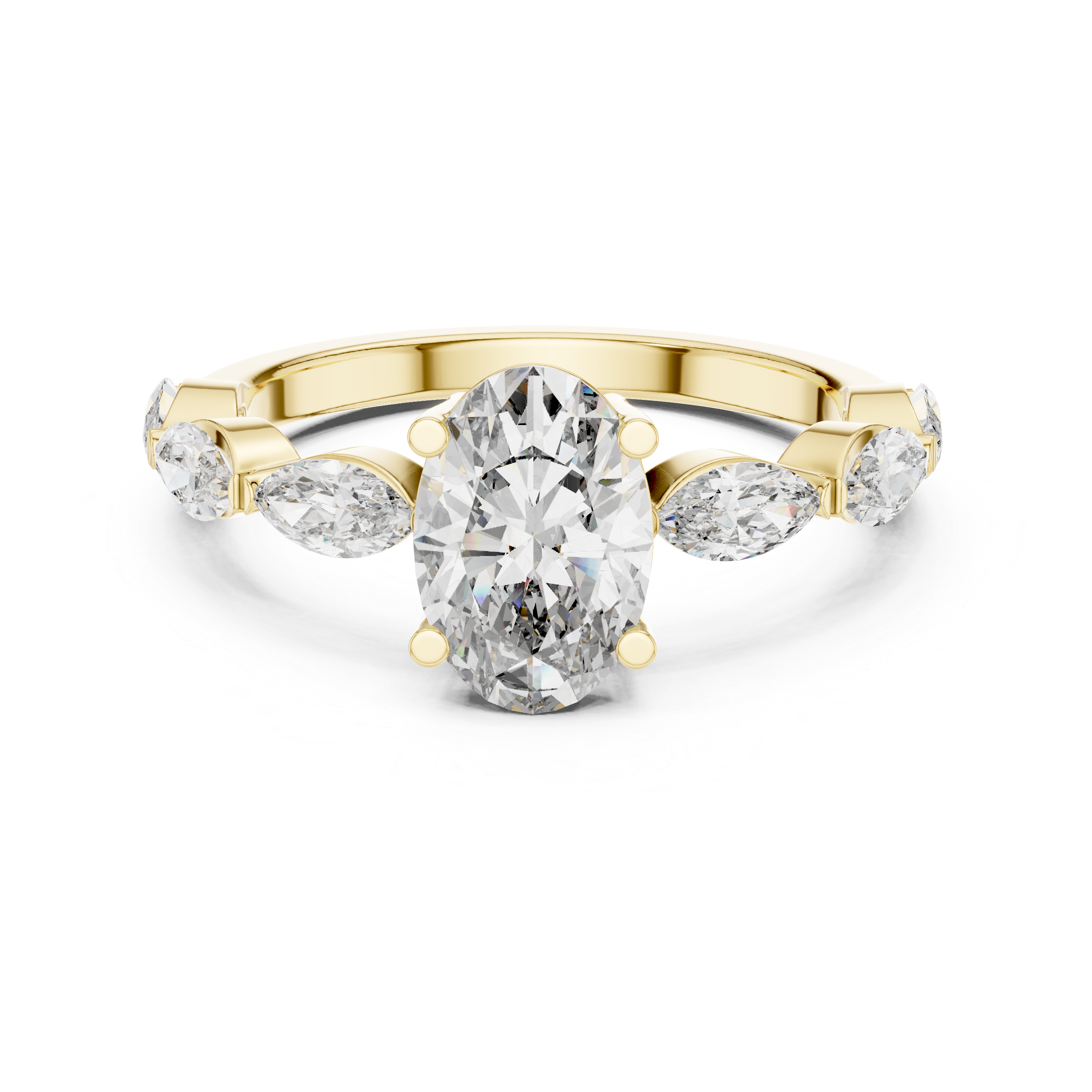 Diamond engagement ring with marquise side stones and a round center stone