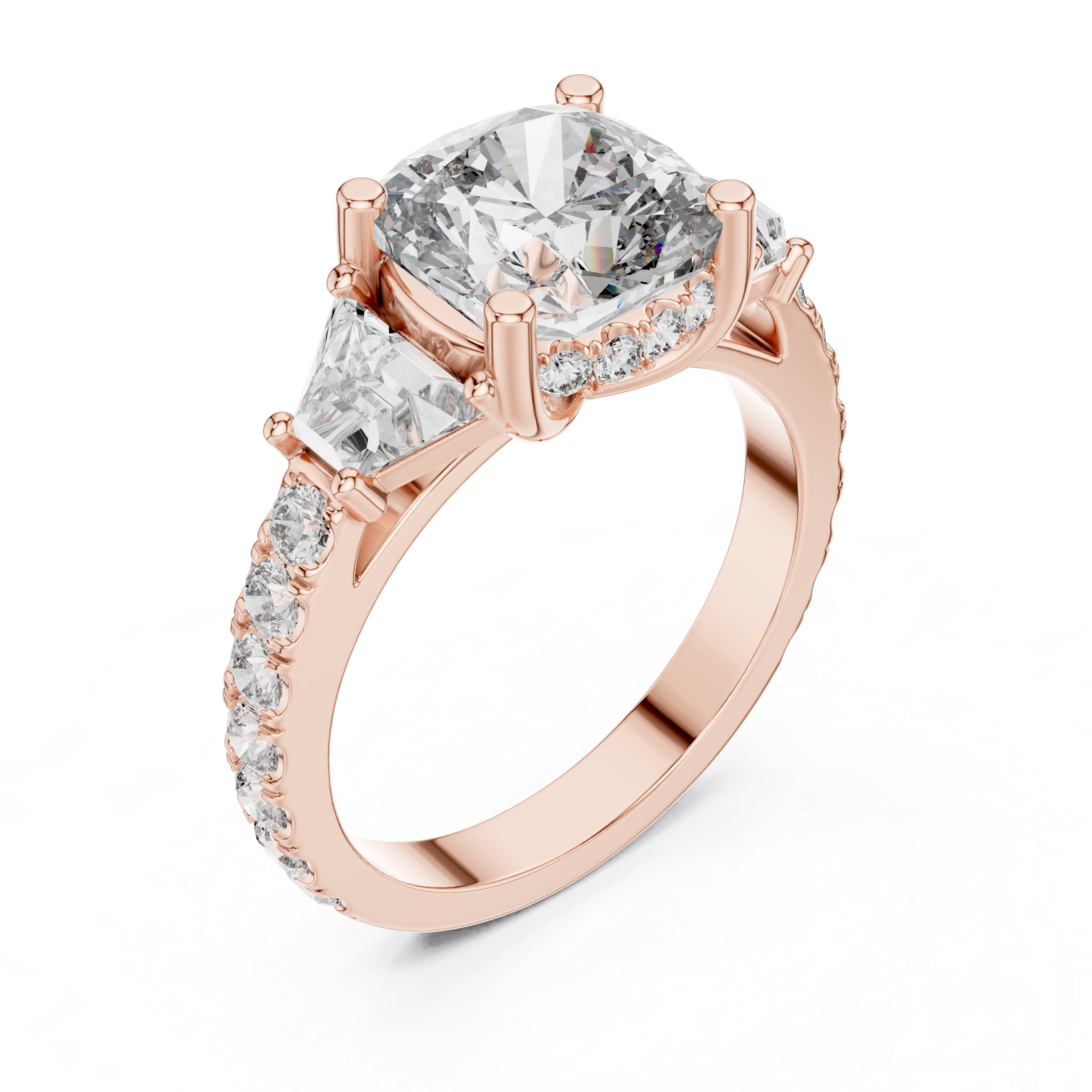 Diamond three-stone engagement ring with trapezoid side stones and pav‚ band