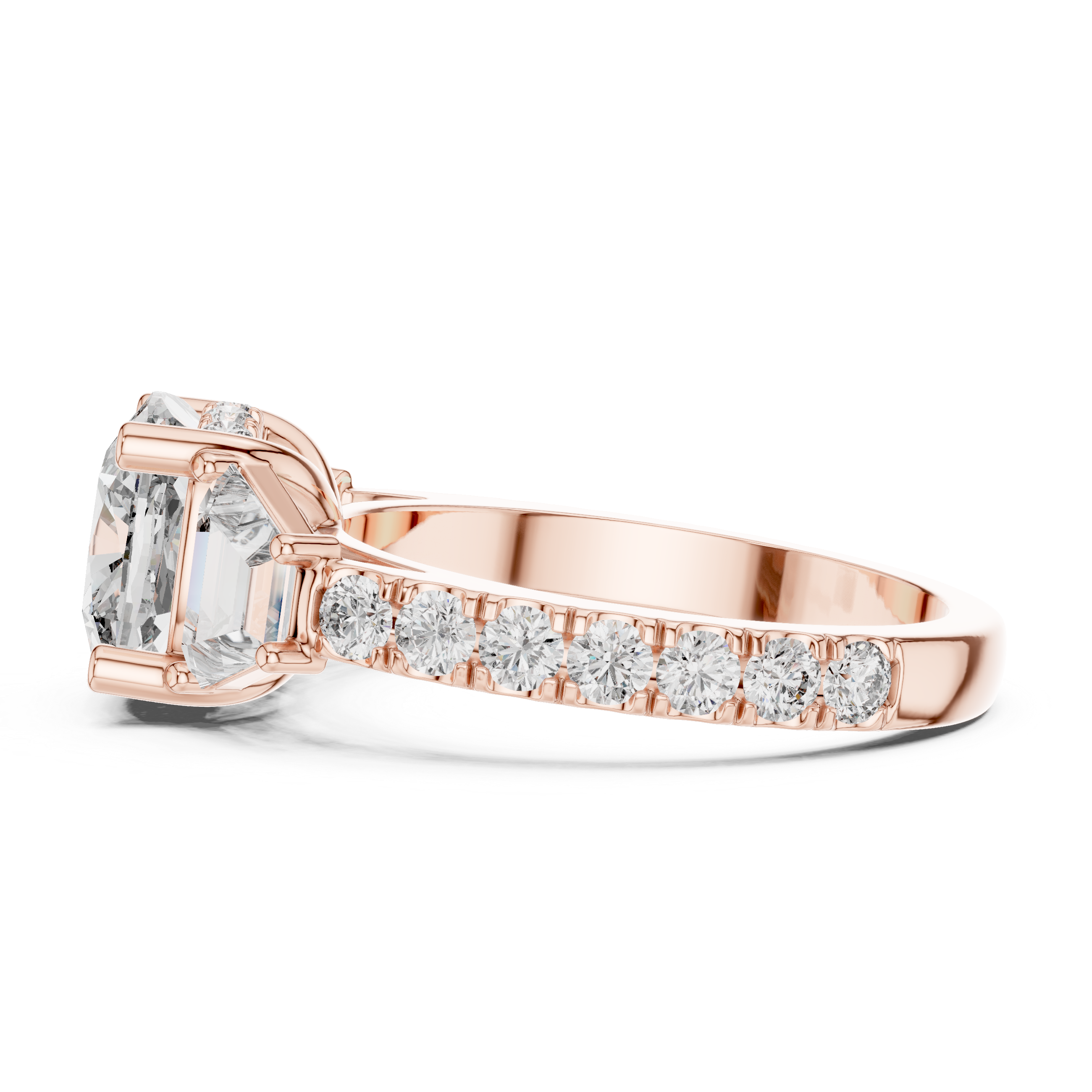 Diamond three-stone engagement ring with trapezoid side stones and pav‚ band