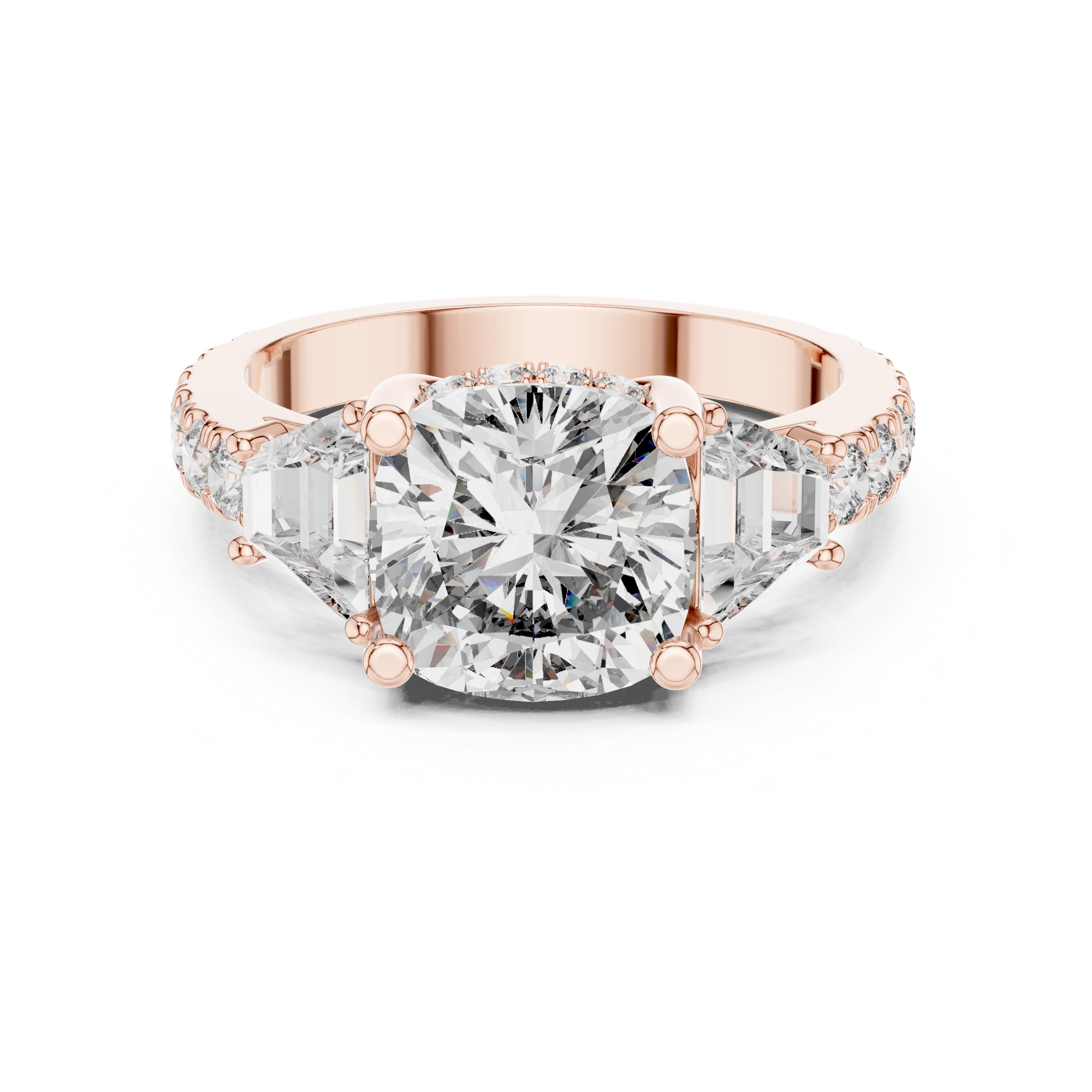 Diamond three-stone engagement ring with trapezoid side stones and pav‚ band