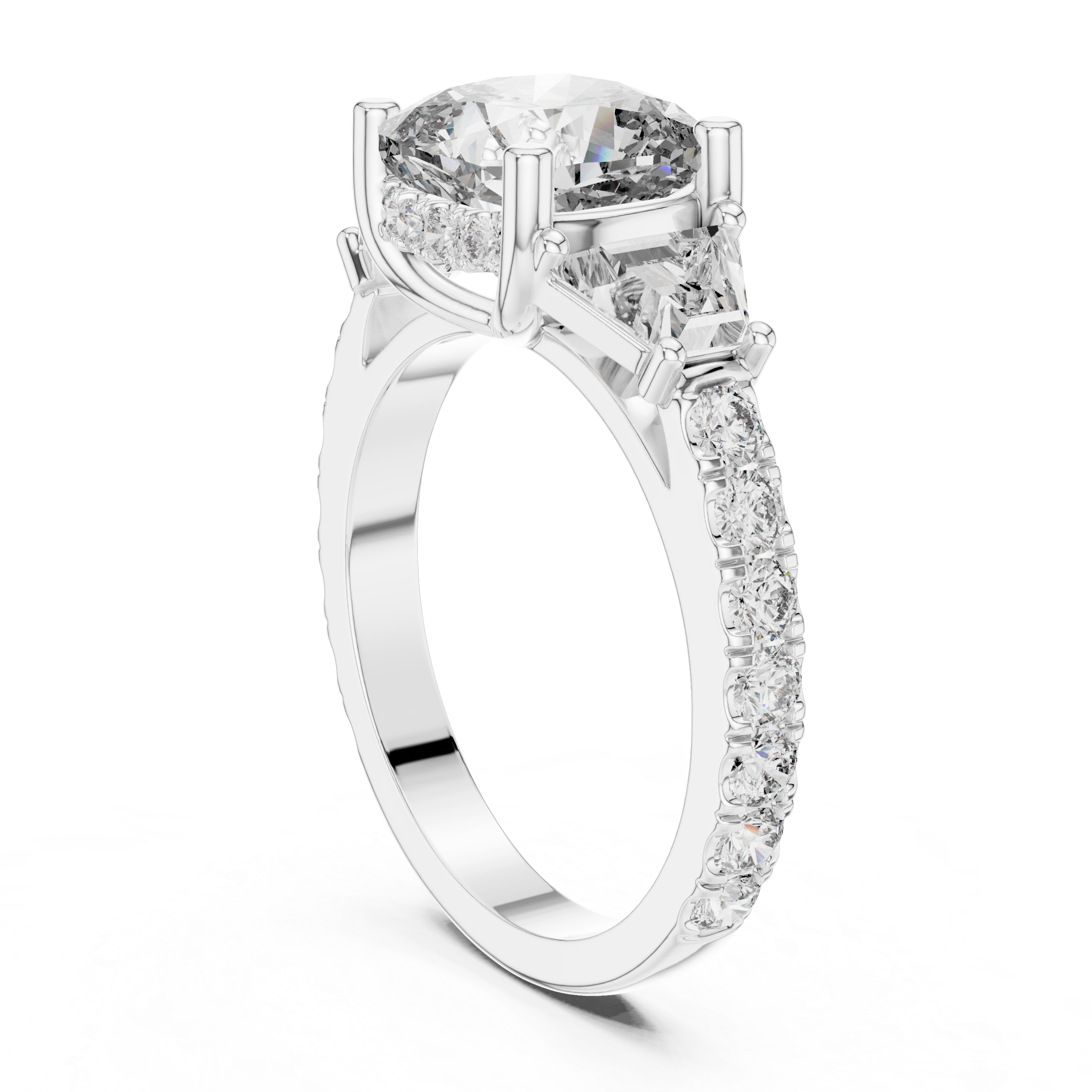 Diamond three-stone engagement ring with trapezoid side stones and pav‚ band