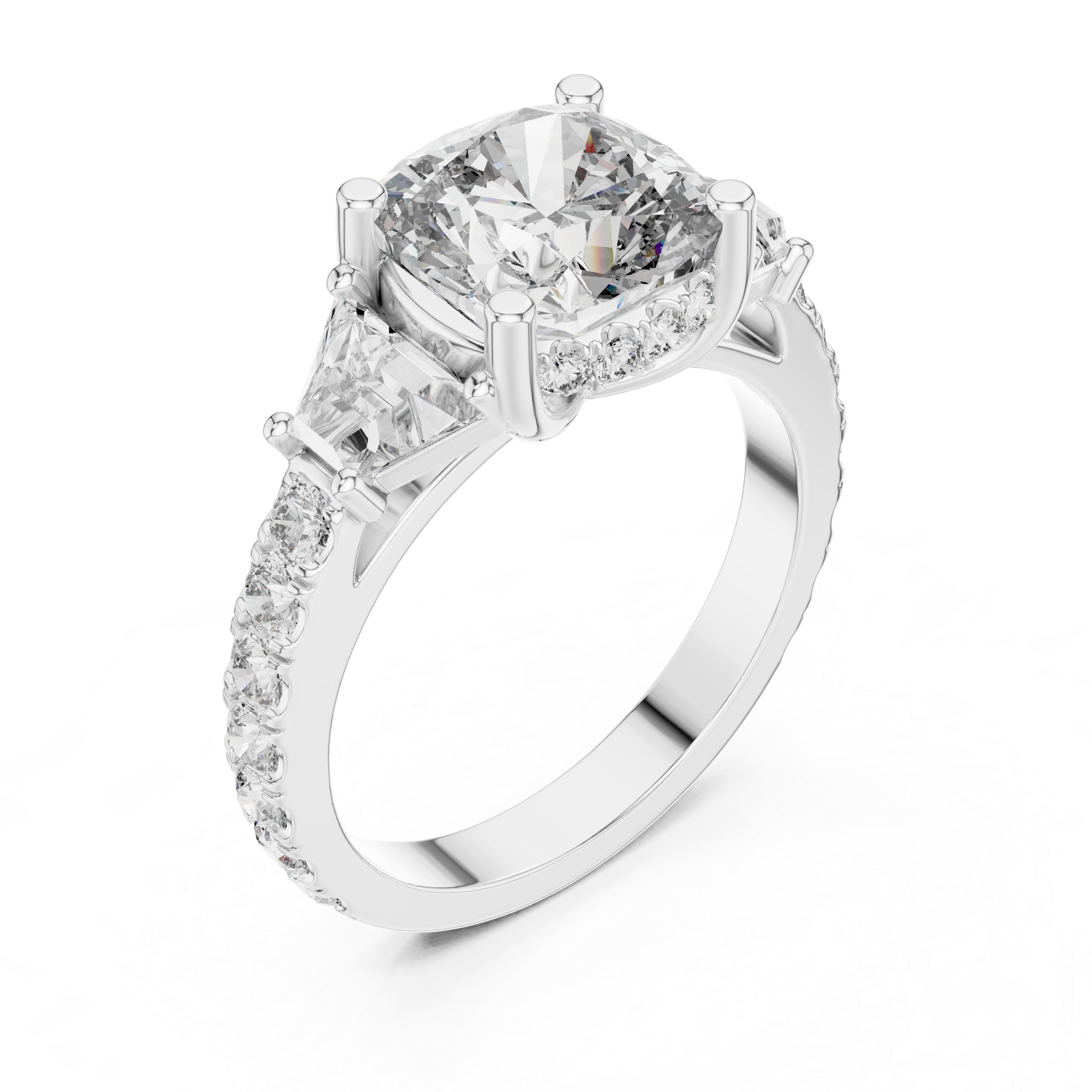 Diamond three-stone engagement ring with trapezoid side stones and pav‚ band