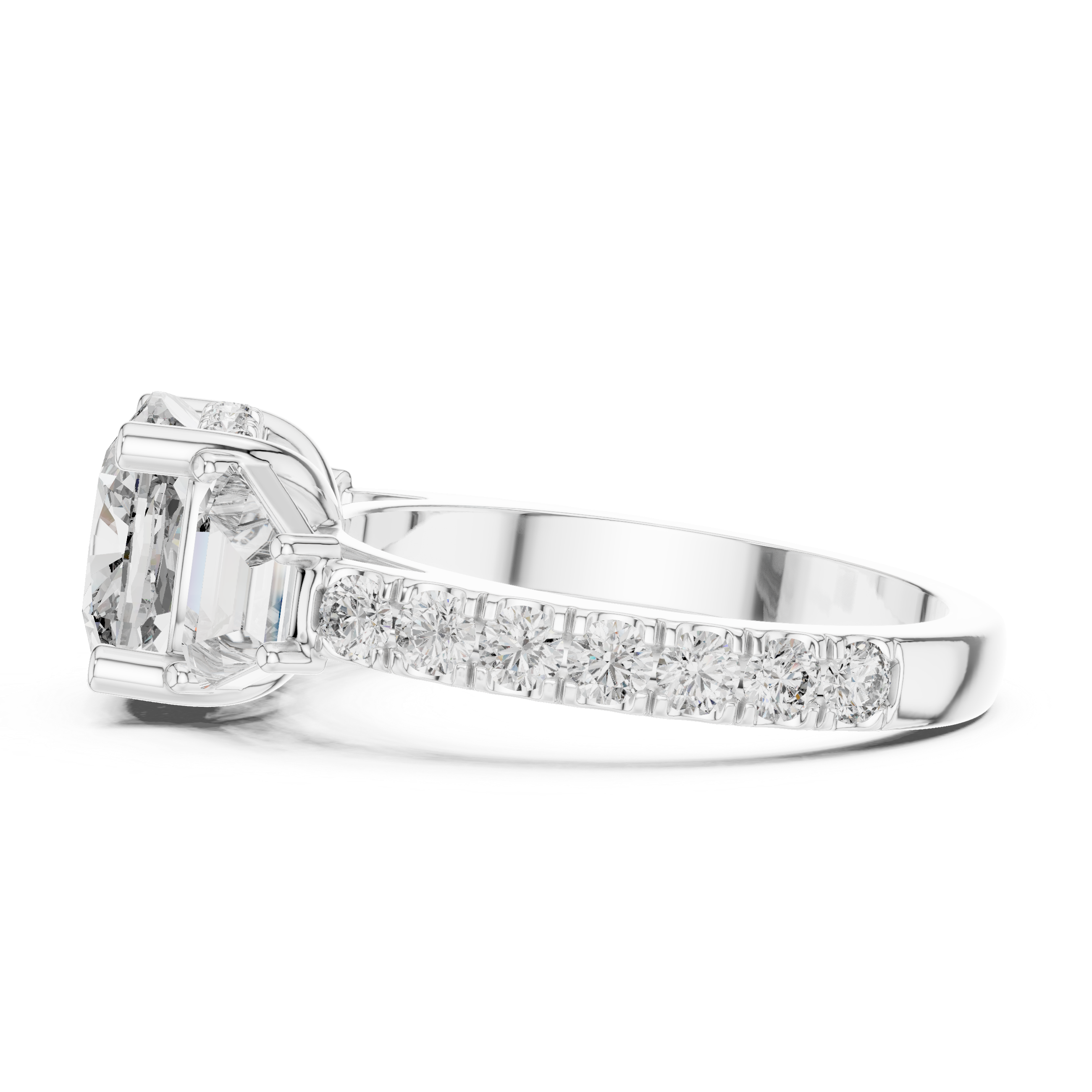 Diamond three-stone engagement ring with trapezoid side stones and pav‚ band