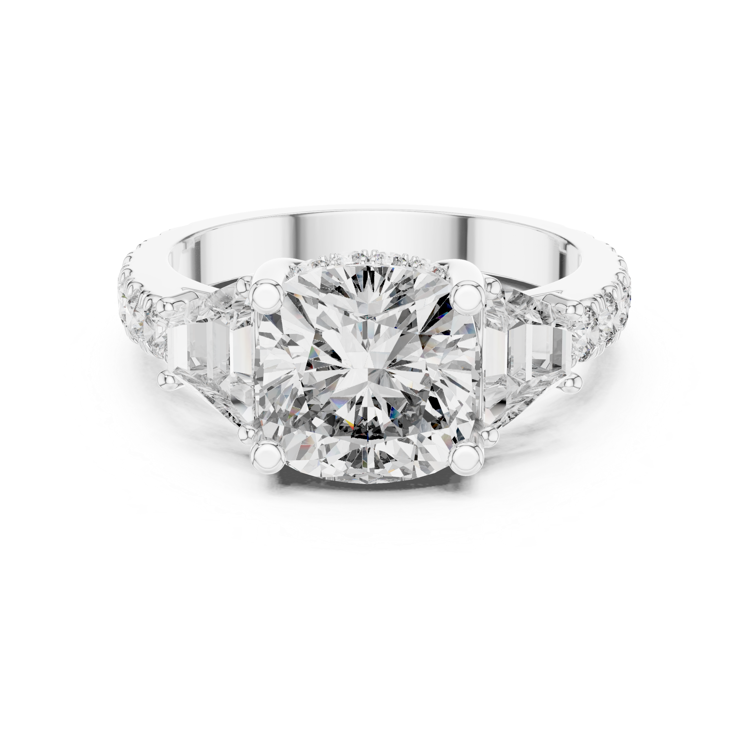 Diamond three-stone engagement ring with trapezoid side stones and pav‚ band