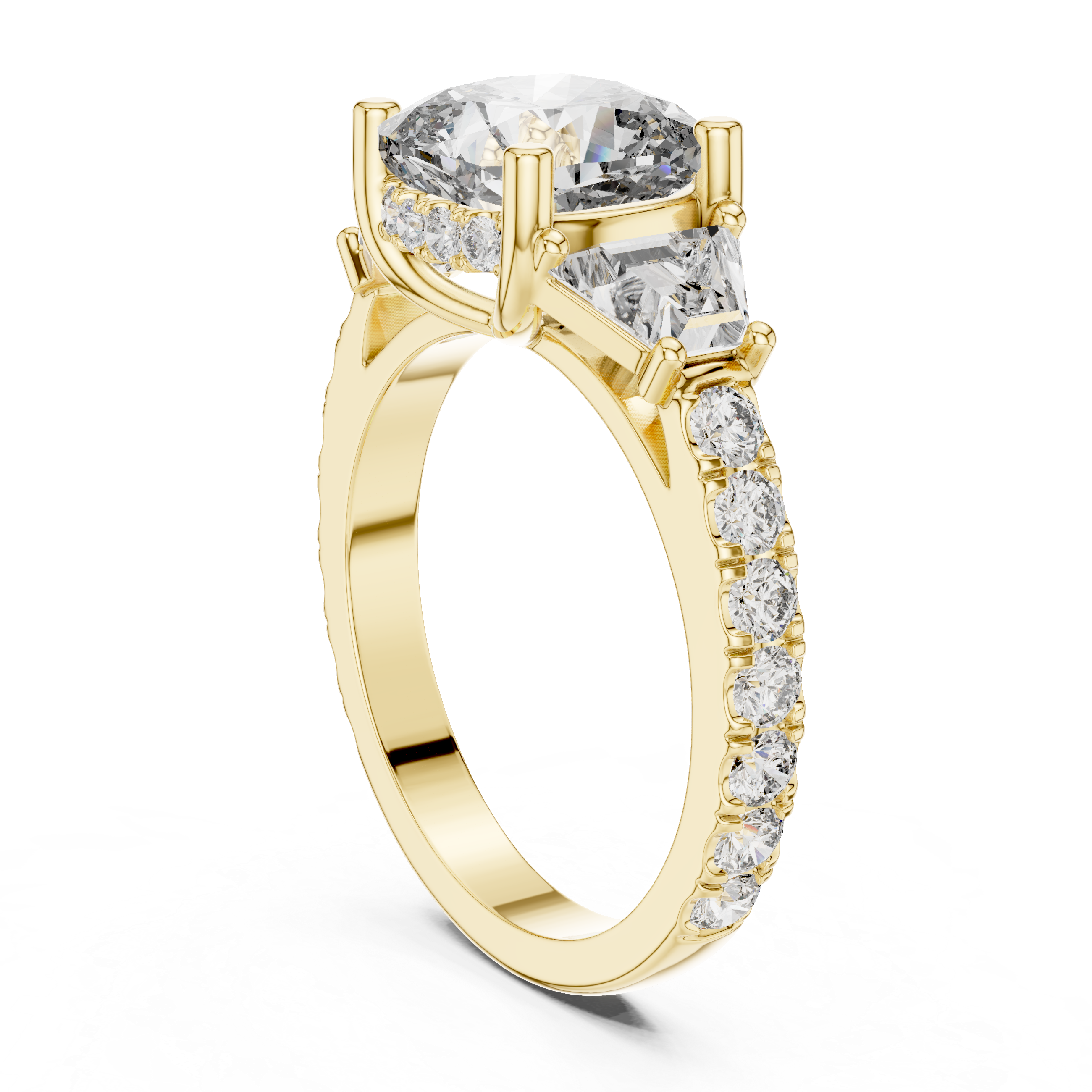 Diamond three-stone engagement ring with trapezoid side stones and pav‚ band