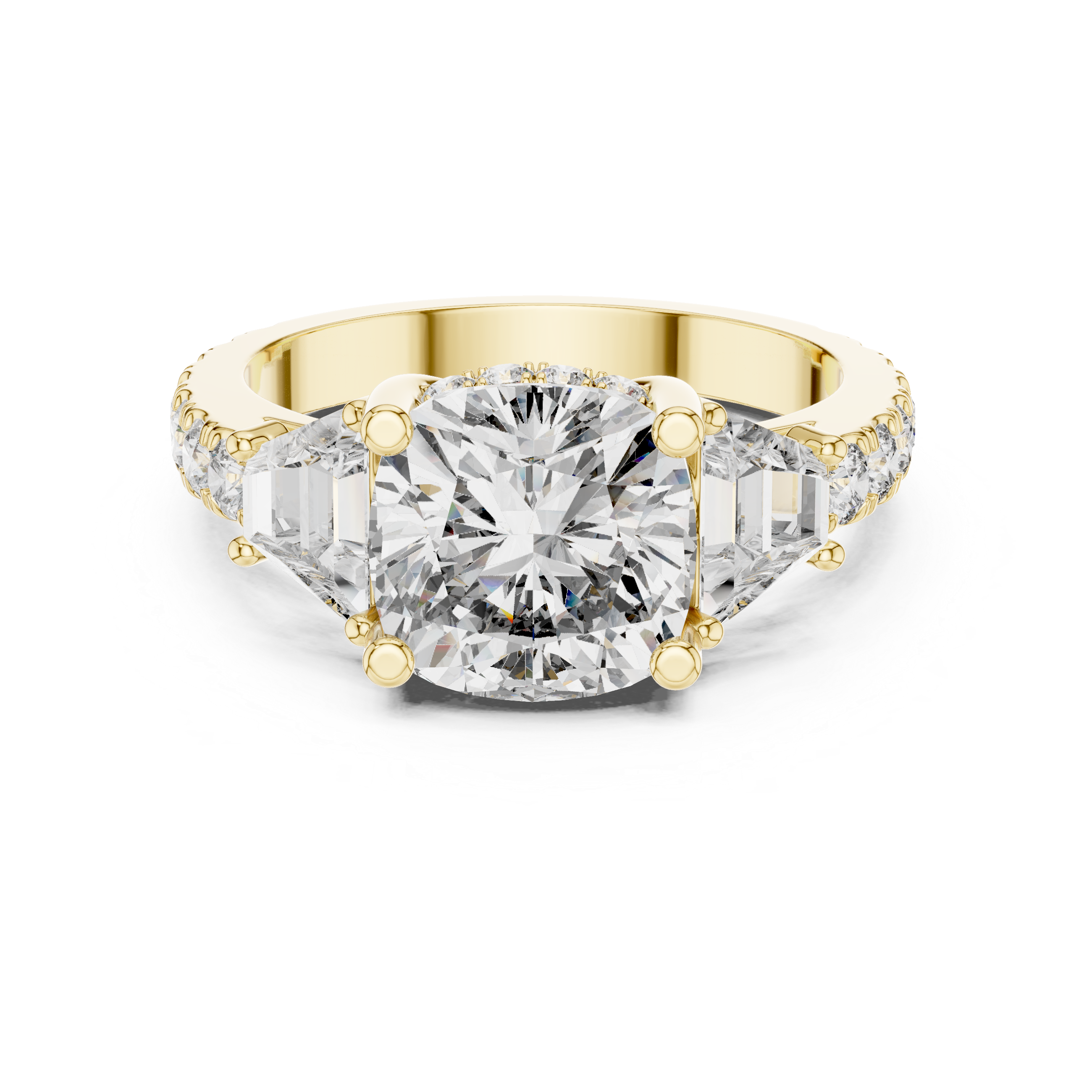 Diamond three-stone engagement ring with trapezoid side stones and pav‚ band