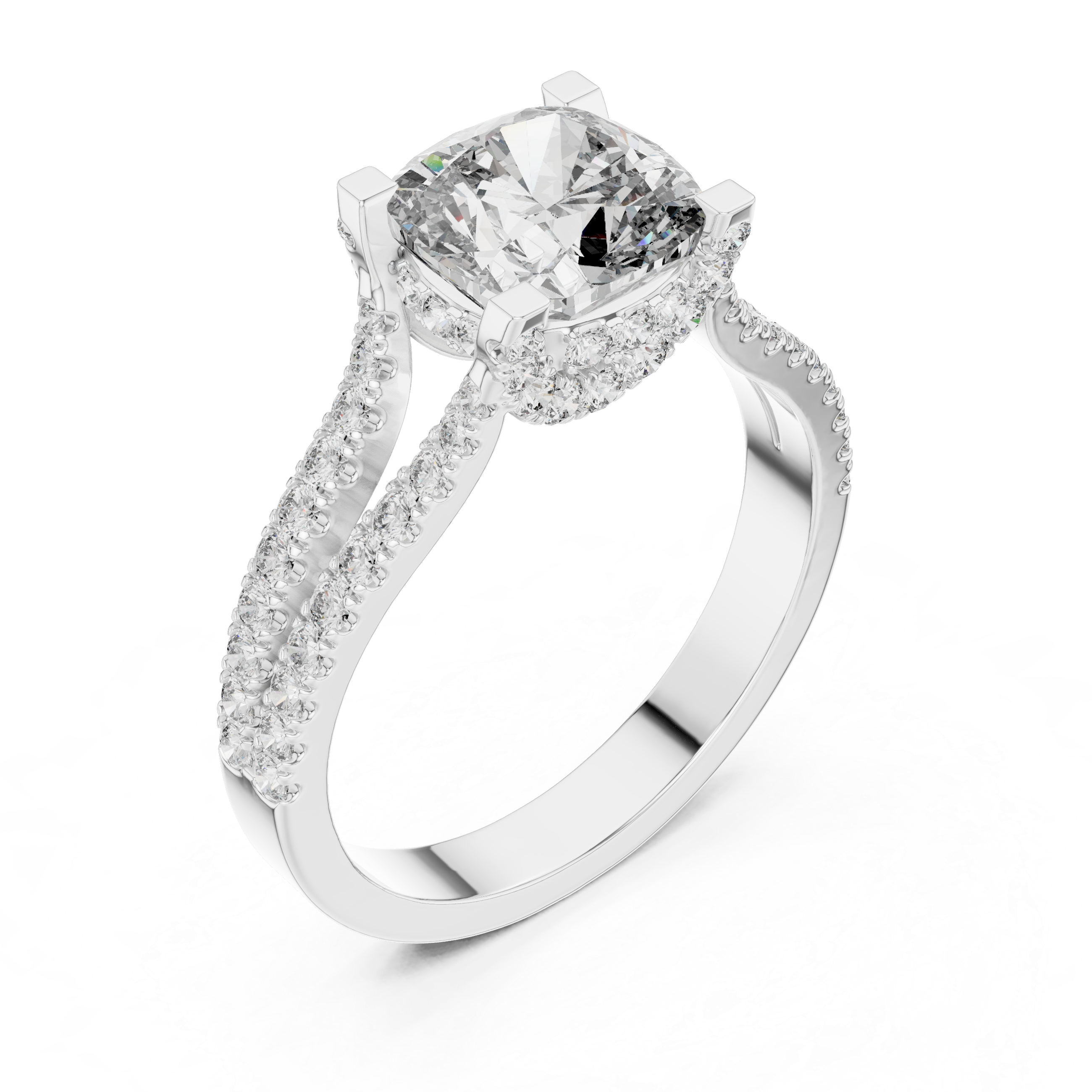 Diamond halo engagement ring with split shank pav‚ band