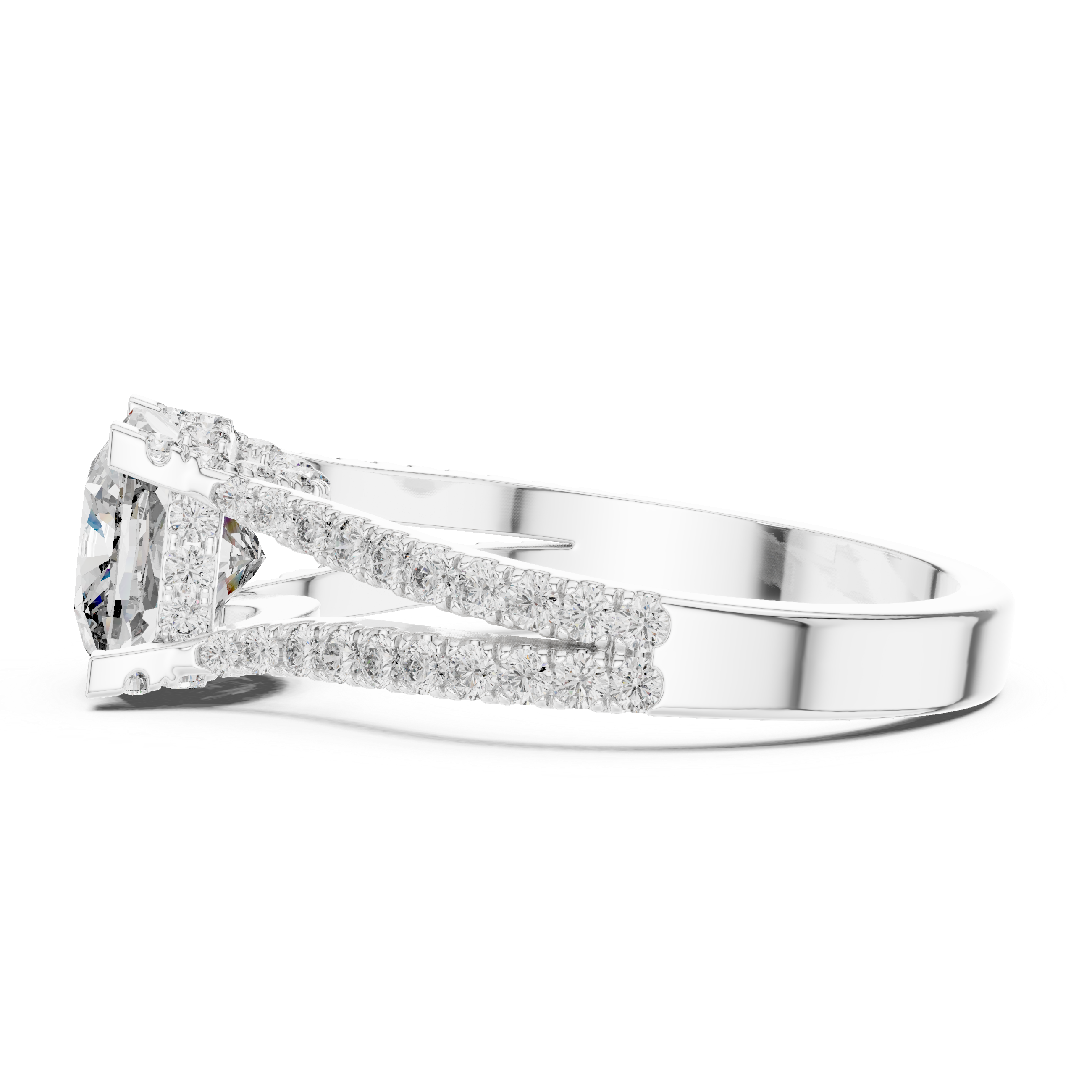 Diamond halo engagement ring with split shank pav‚ band