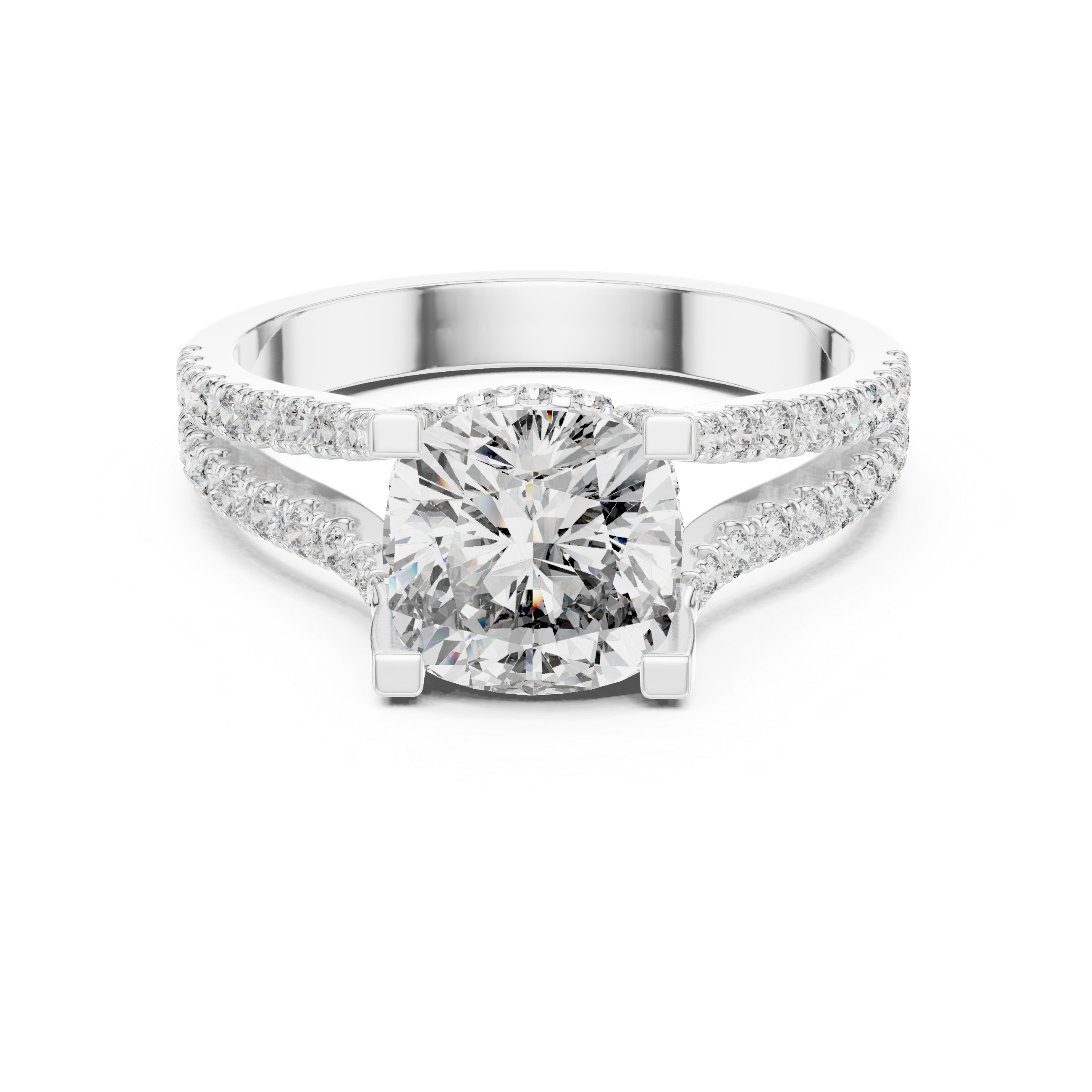 Diamond halo engagement ring with split shank pav‚ band