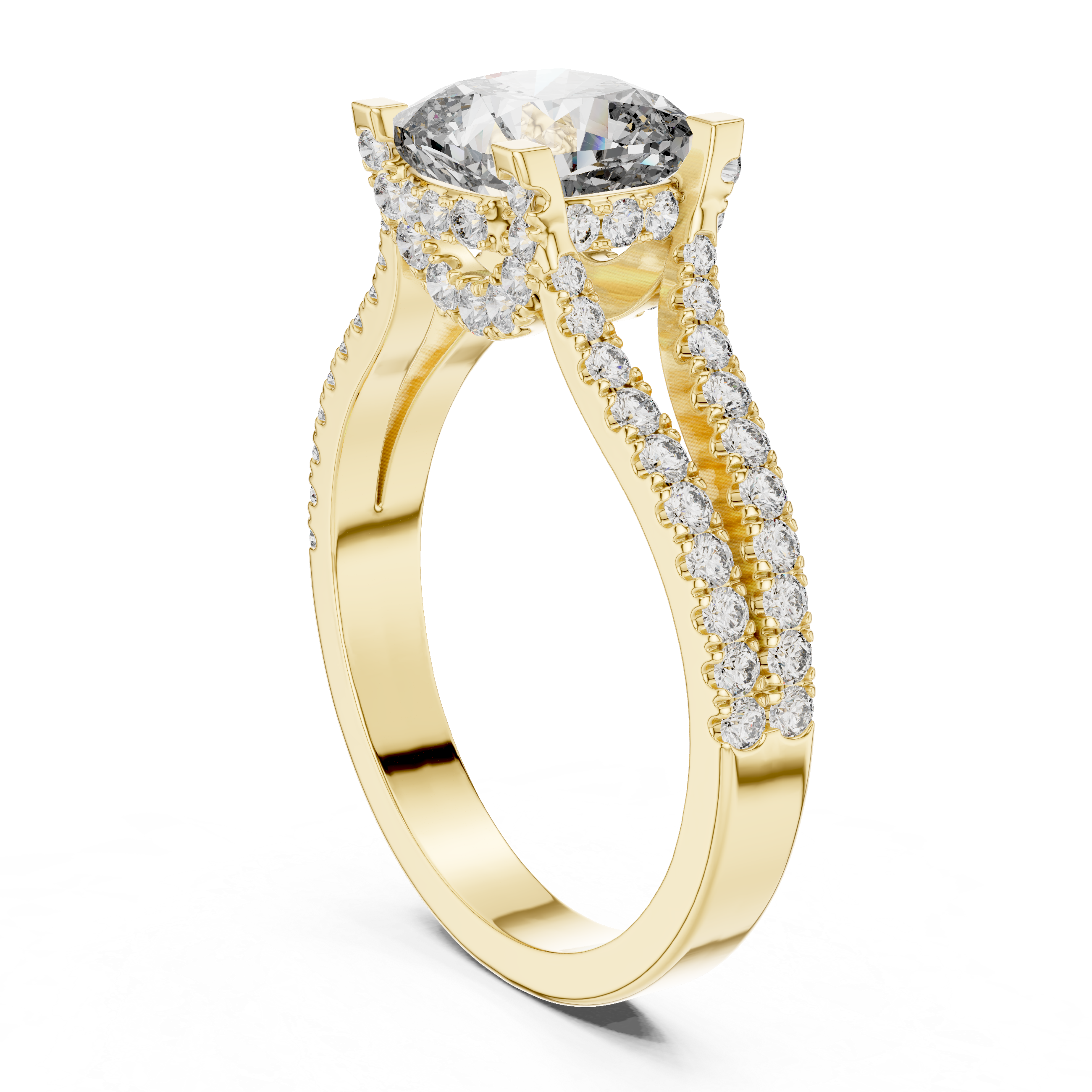 Diamond halo engagement ring with split shank pav‚ band