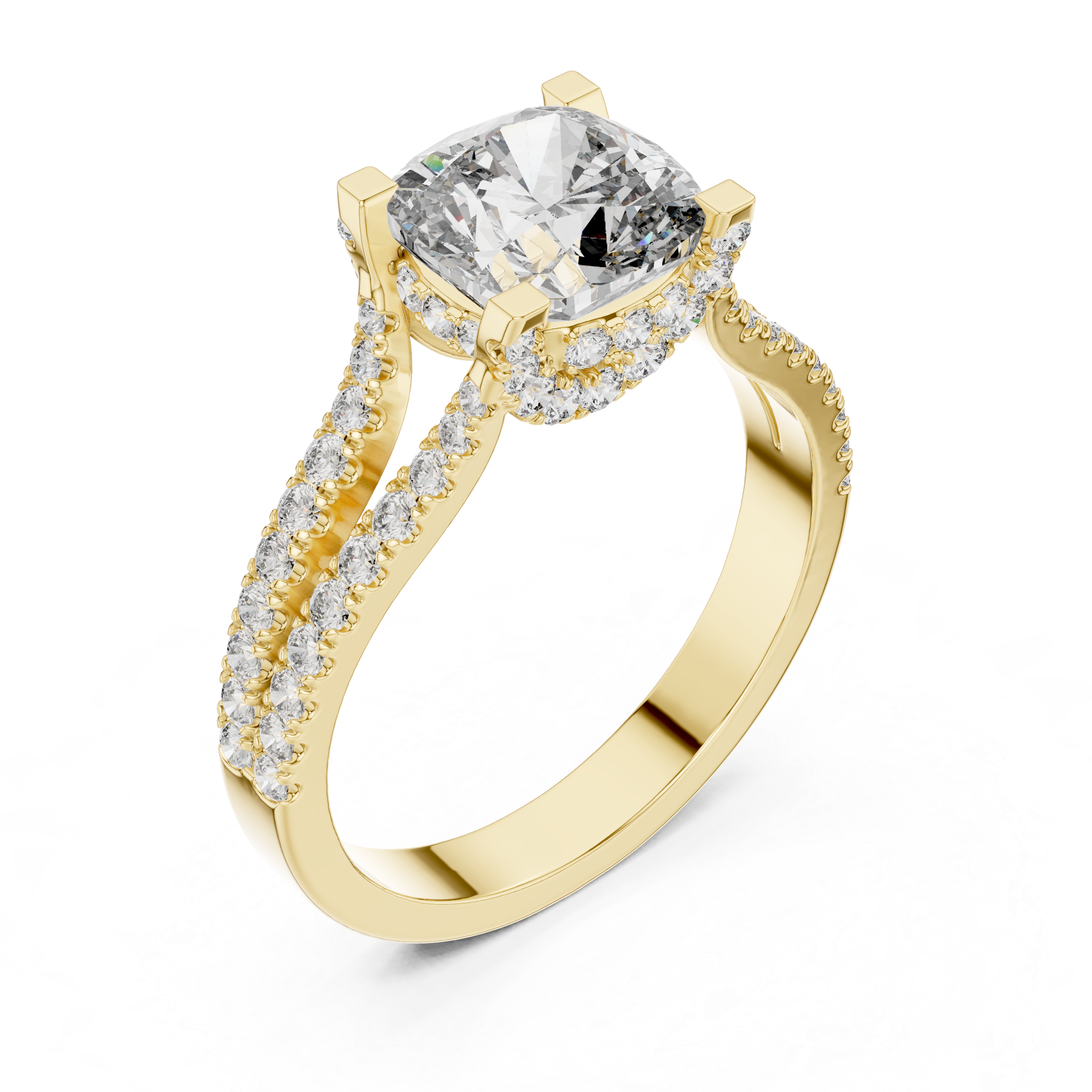 Diamond halo engagement ring with split shank pav‚ band