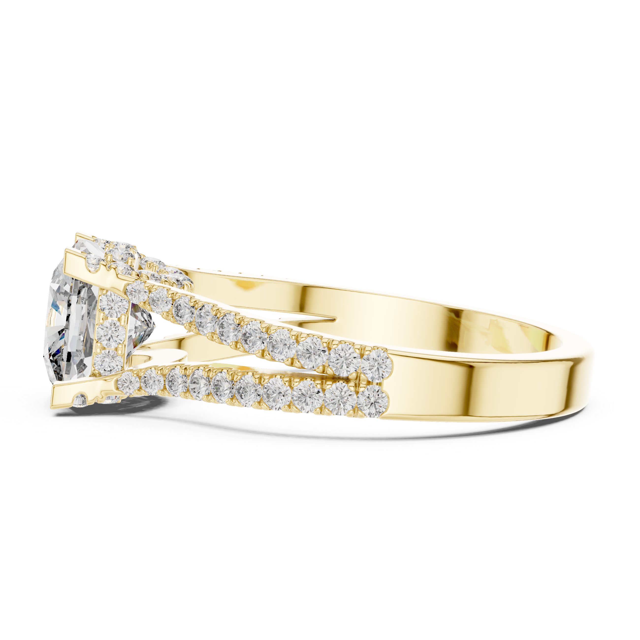 Diamond halo engagement ring with split shank pav‚ band