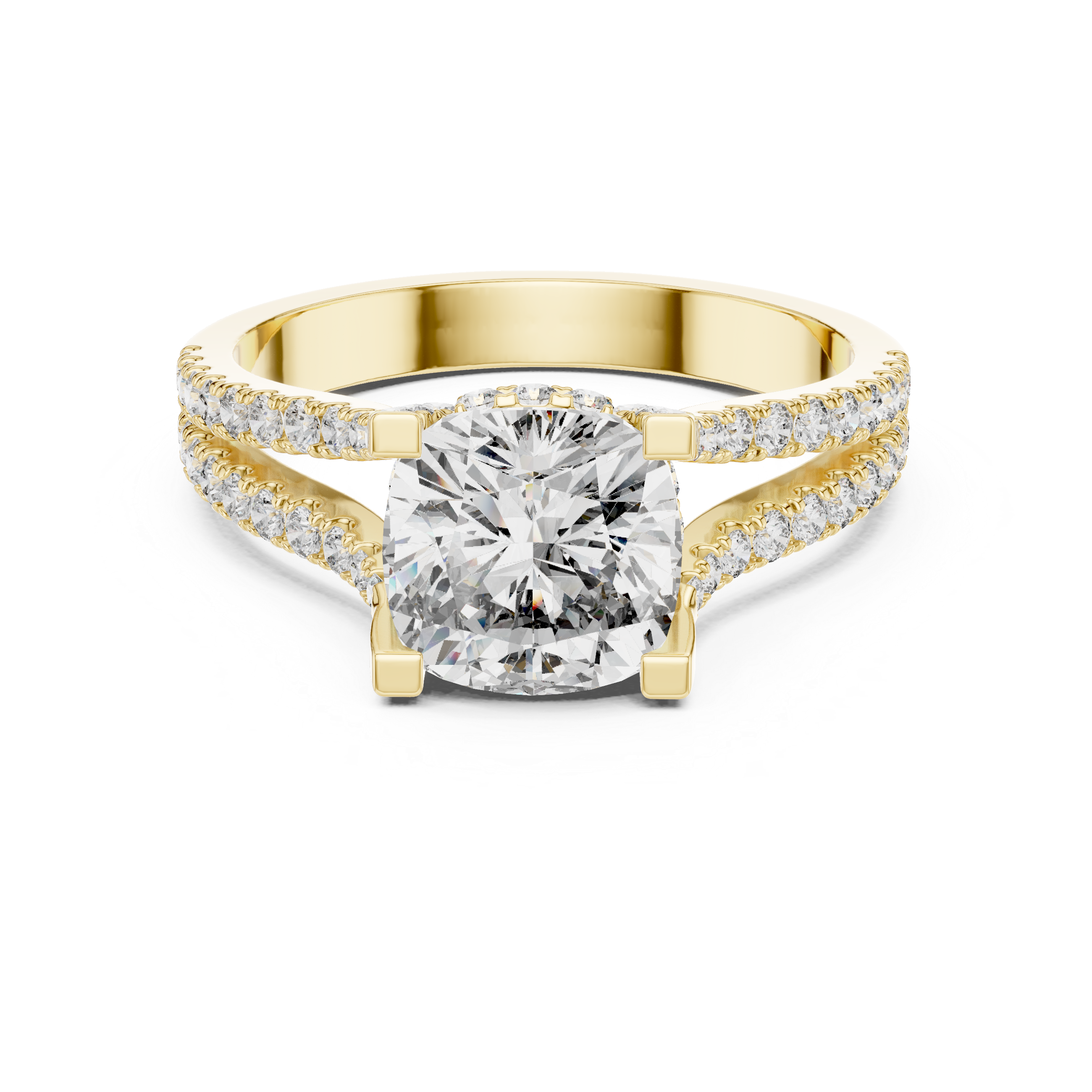 Diamond halo engagement ring with split shank pav‚ band