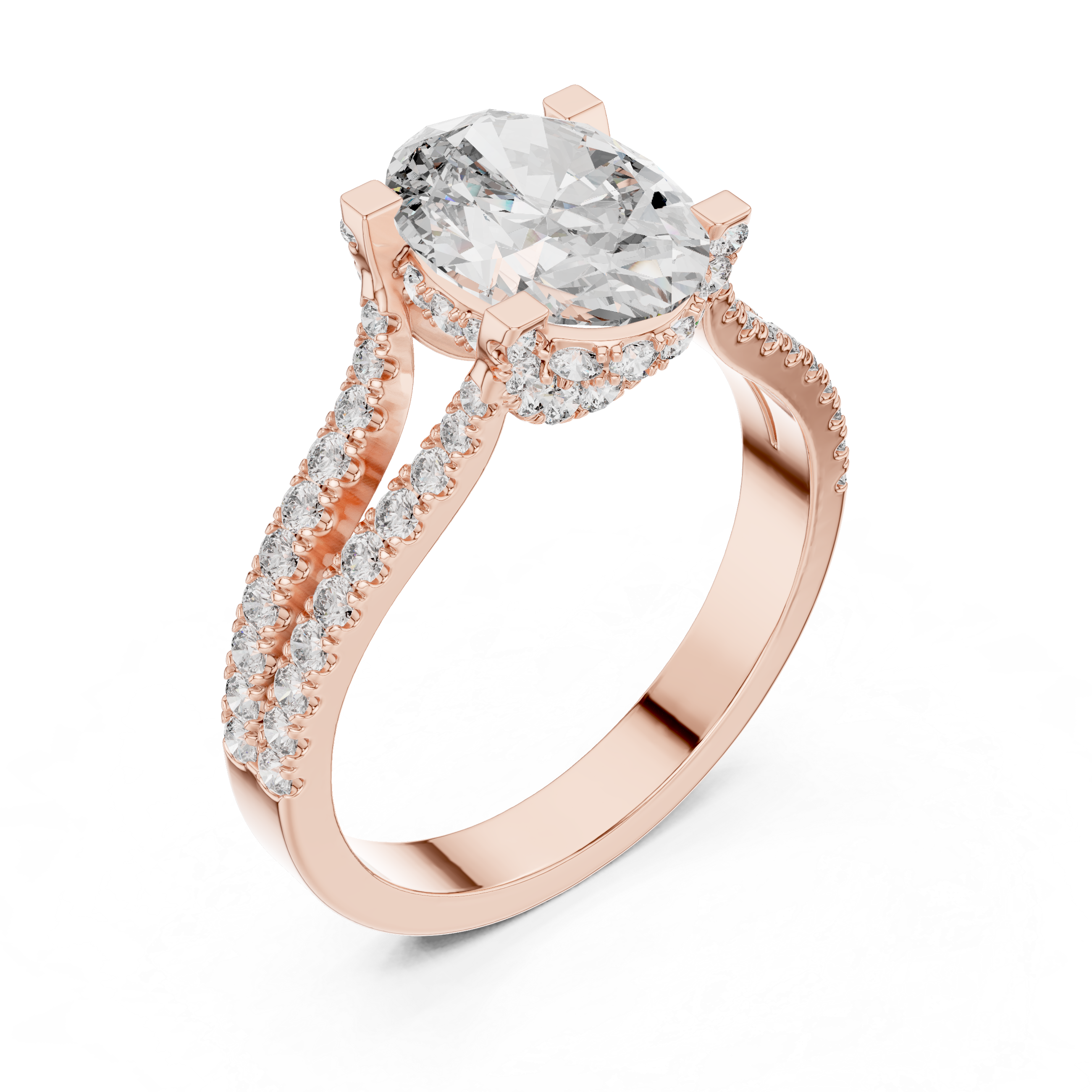 Diamond engagement ring with split shank pav‚ band and hidden halo detailing