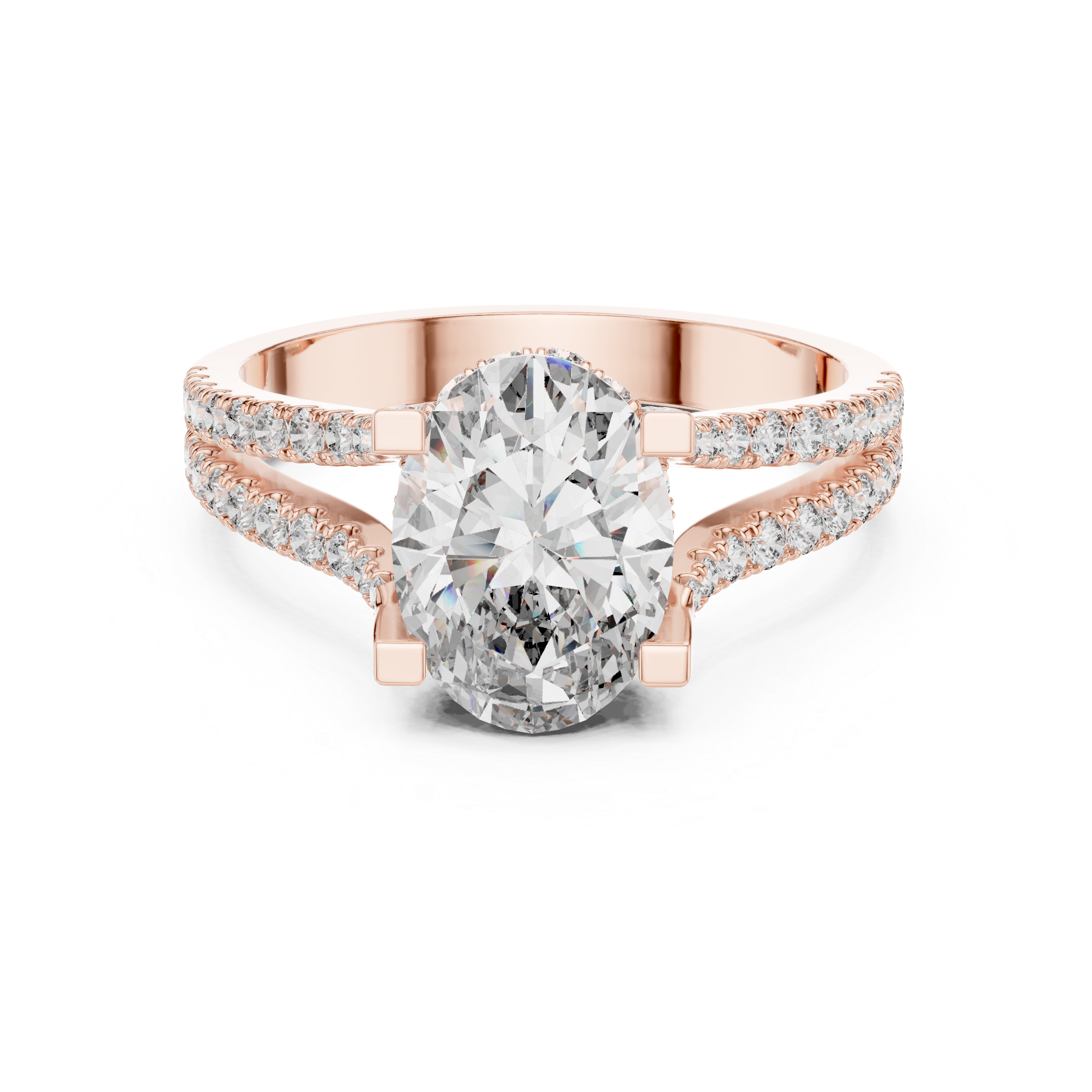 Diamond engagement ring with split shank pav‚ band and hidden halo detailing