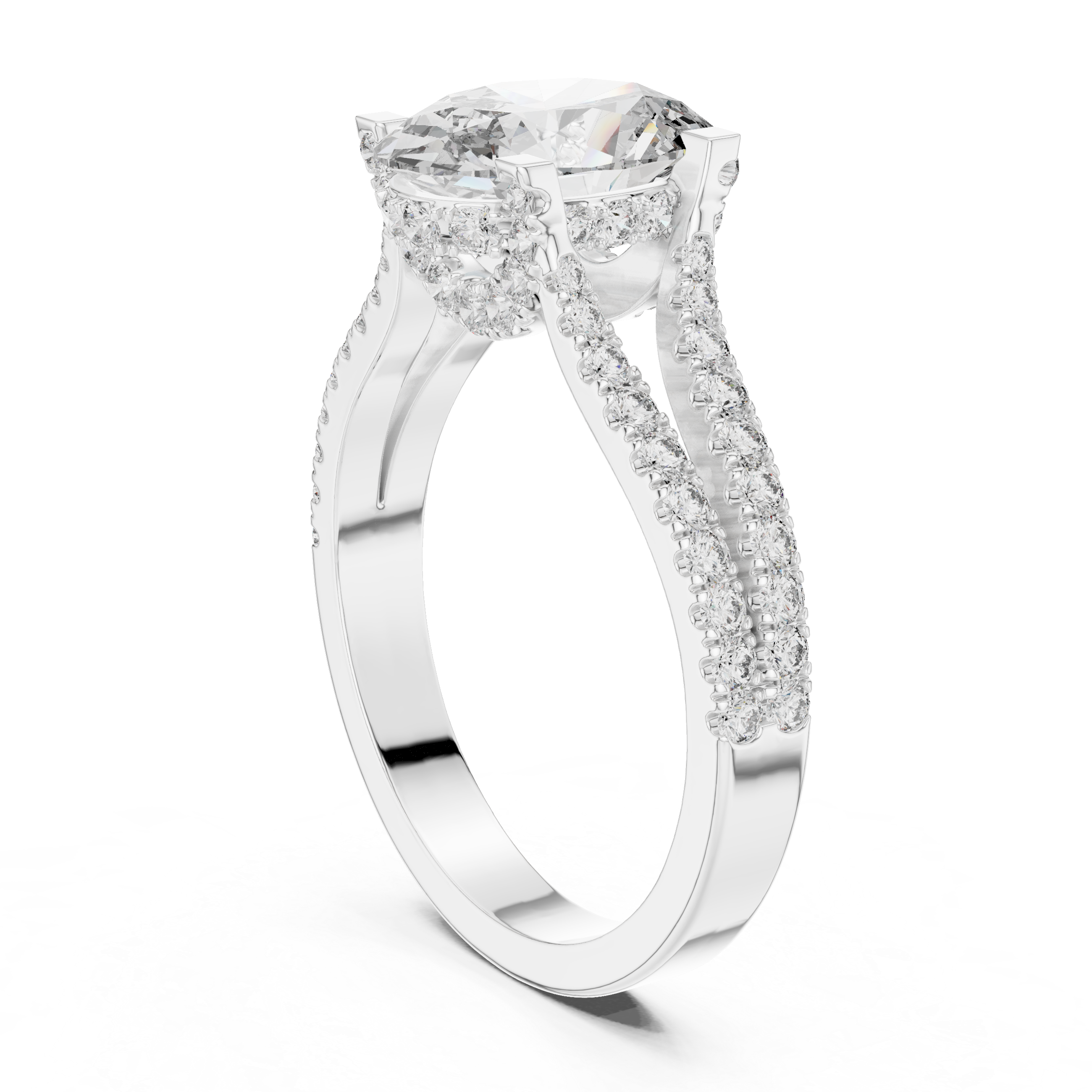 Diamond engagement ring with split shank pav‚ band and hidden halo detailing