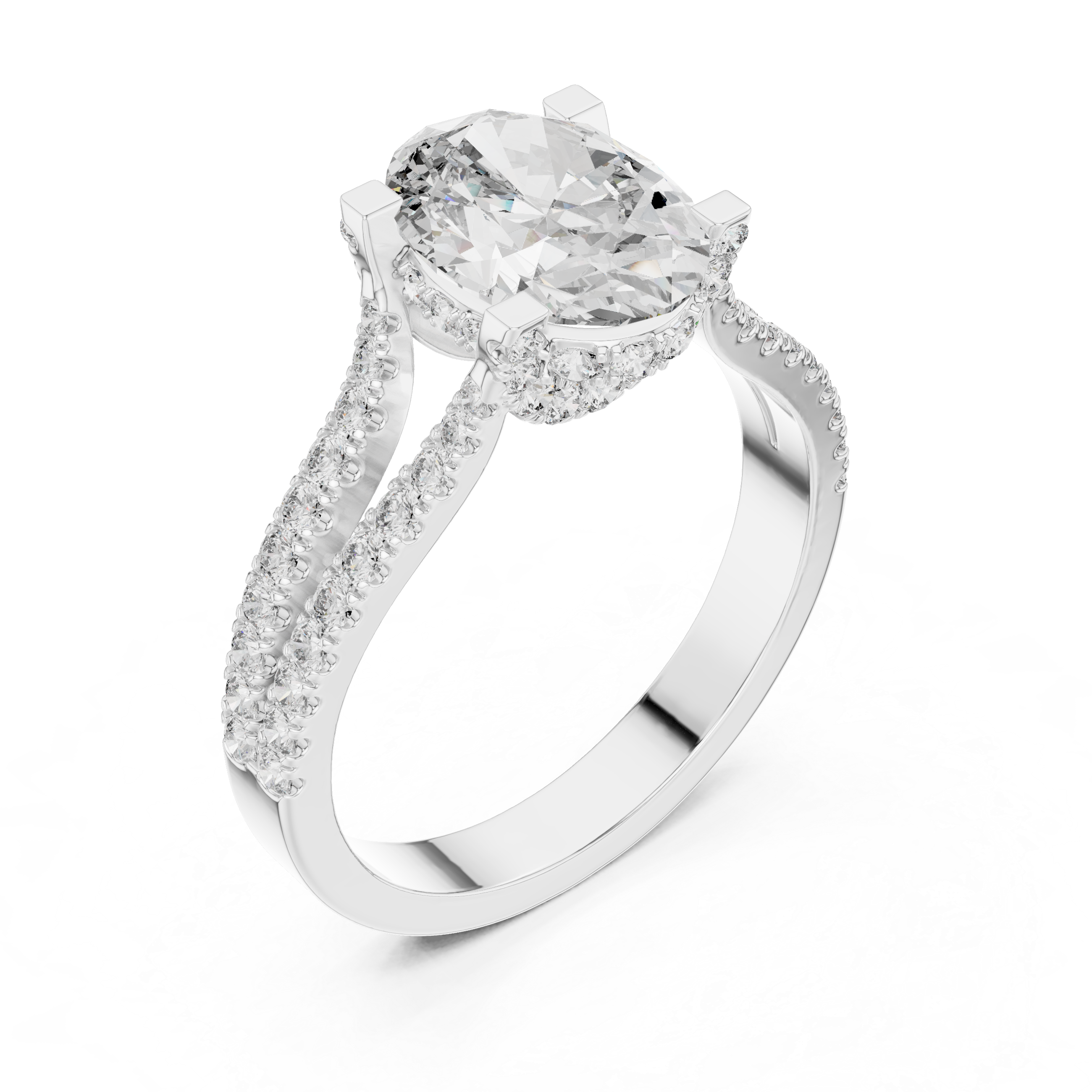 Diamond engagement ring with split shank pav‚ band and hidden halo detailing