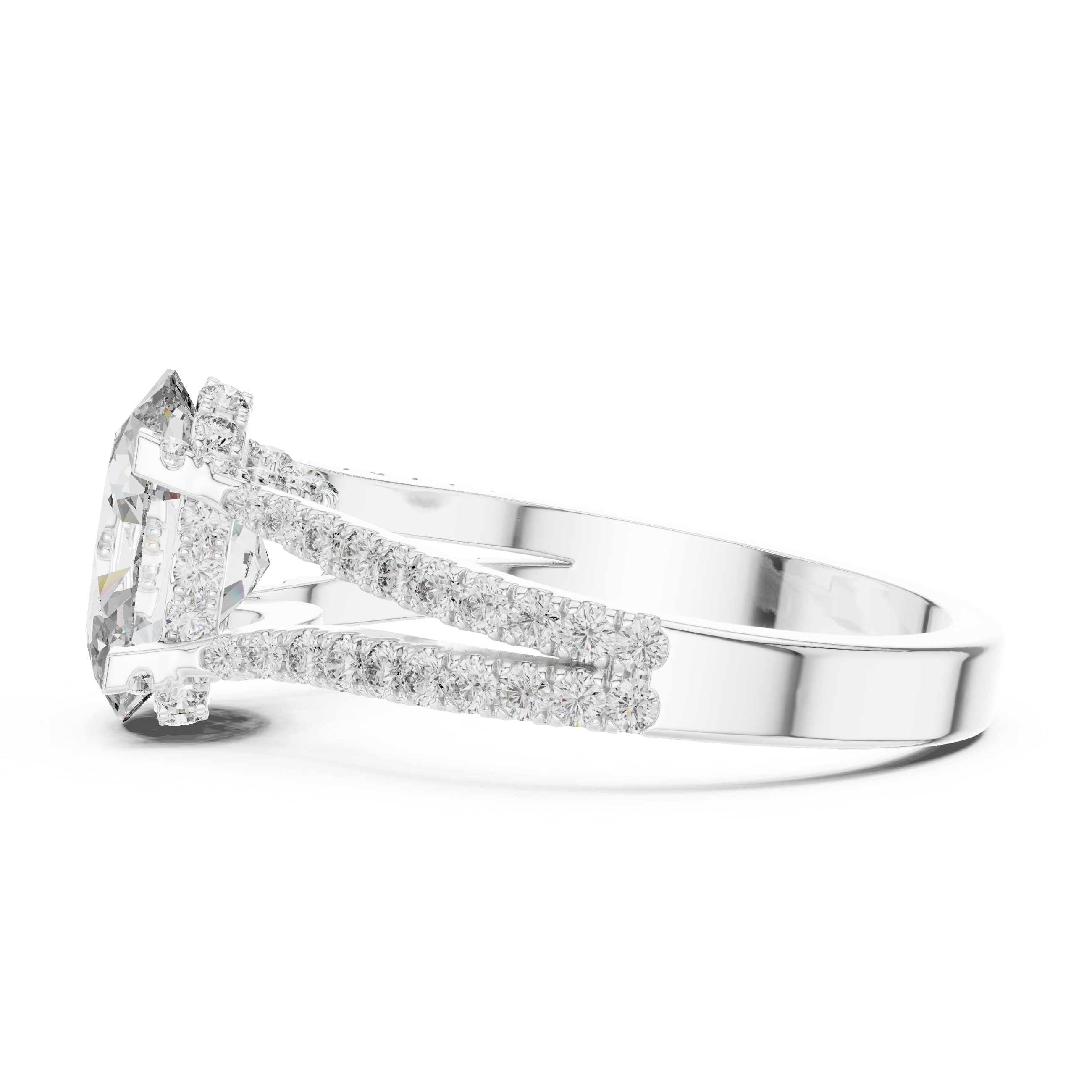 Diamond engagement ring with split shank pav‚ band and hidden halo detailing