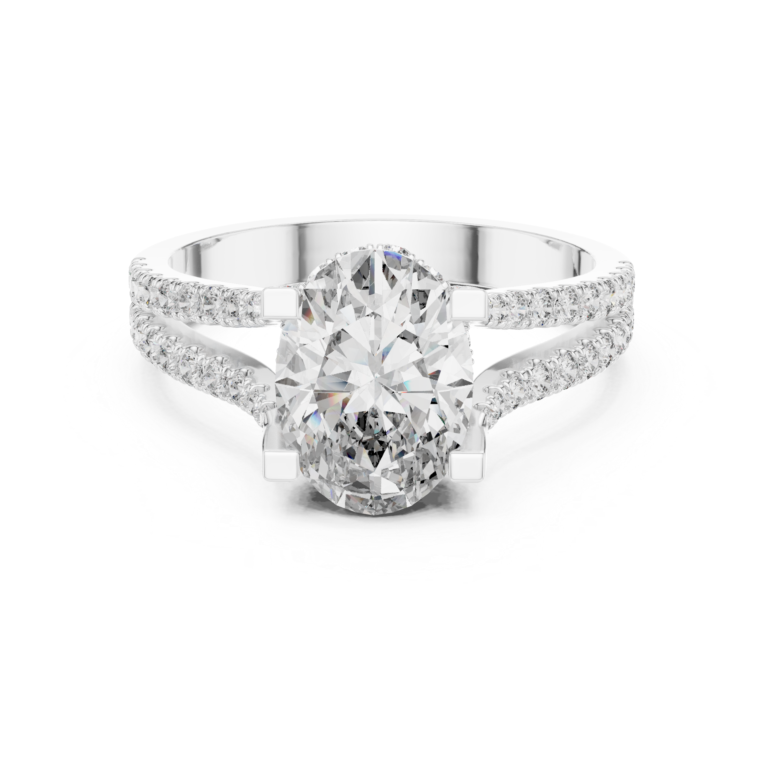 Diamond engagement ring with split shank pav‚ band and hidden halo detailing