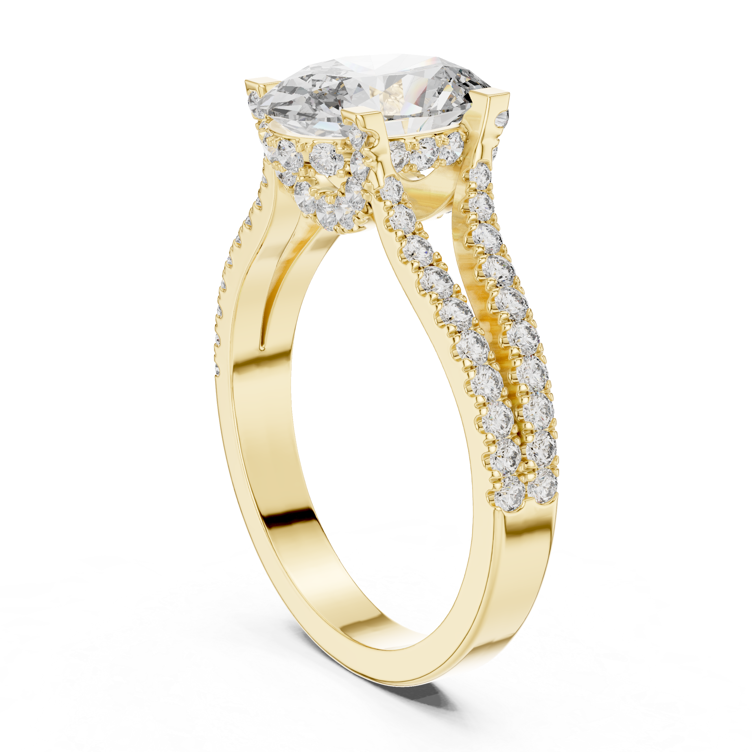 Diamond engagement ring with split shank pav‚ band and hidden halo detailing