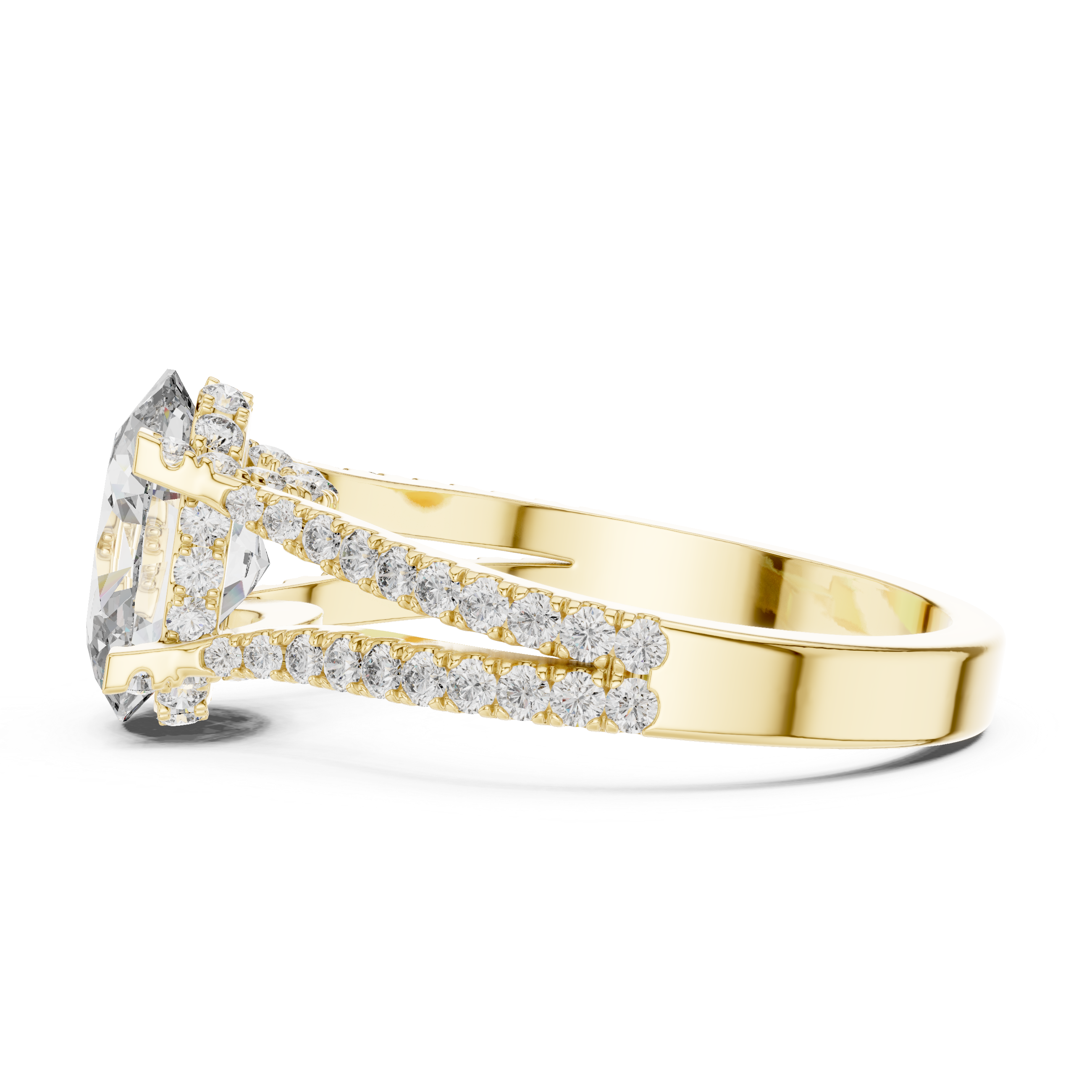 Diamond engagement ring with split shank pav‚ band and hidden halo detailing