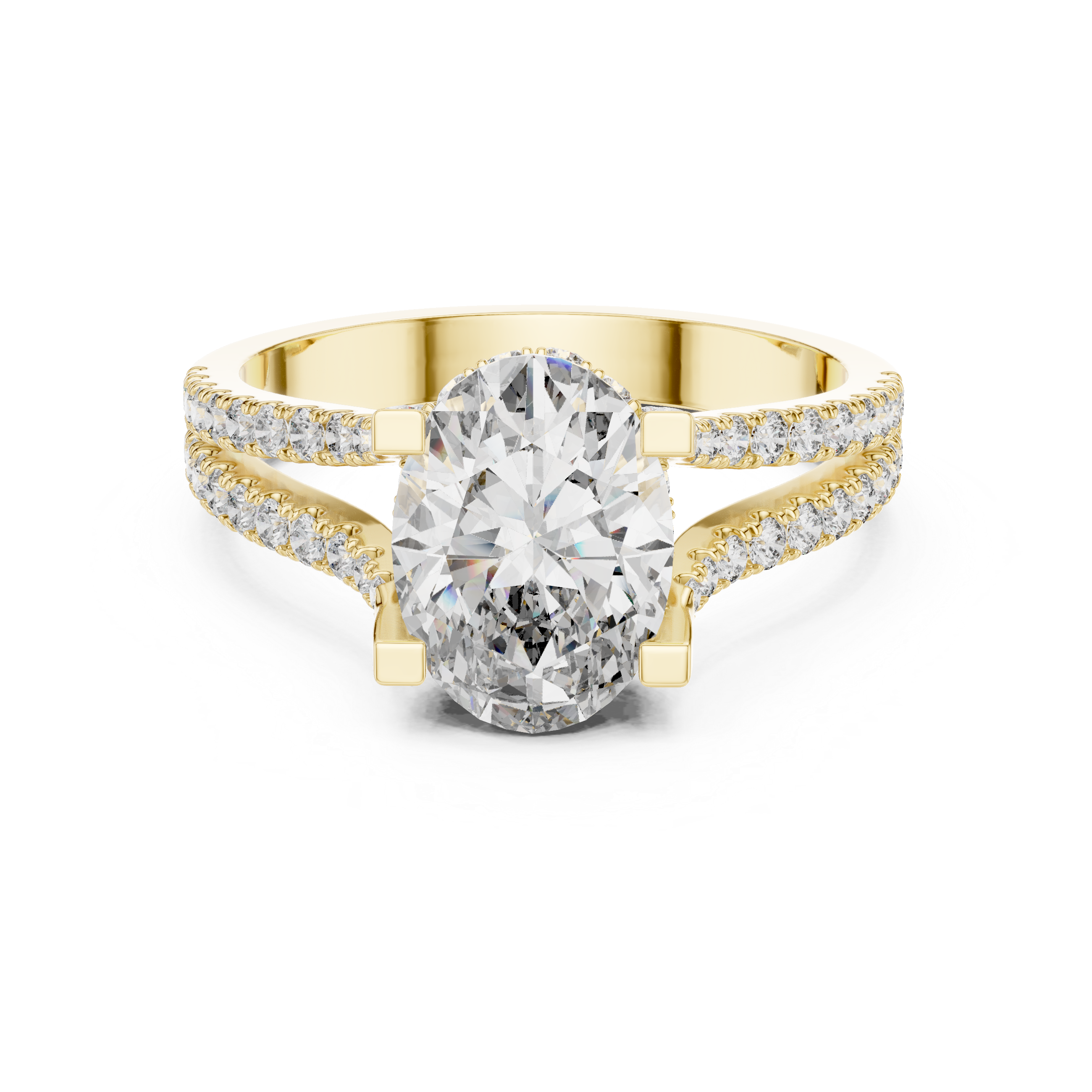 Diamond engagement ring with split shank pav‚ band and hidden halo detailing