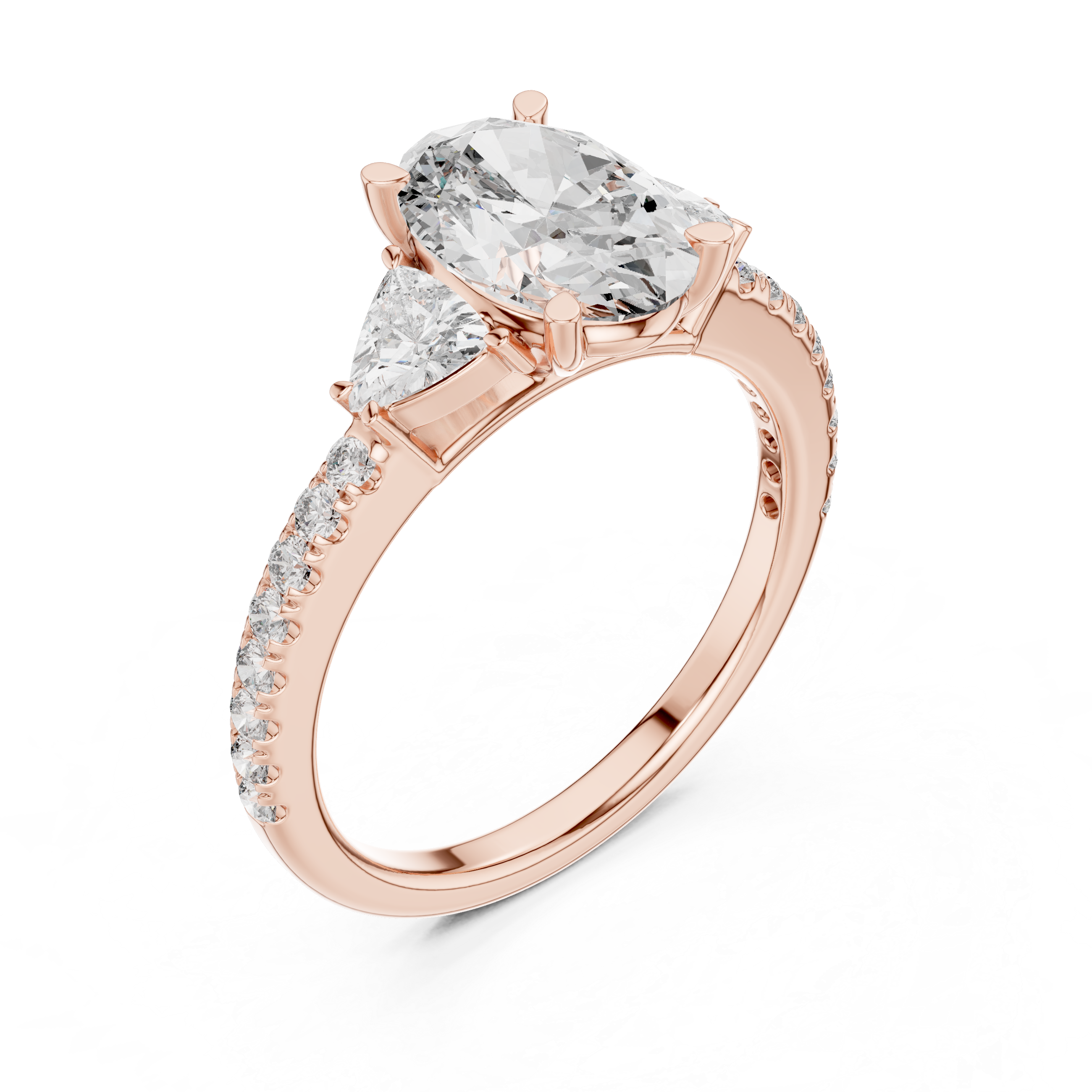 Diamond engagement ring with pear-shaped side stones and pav‚ band