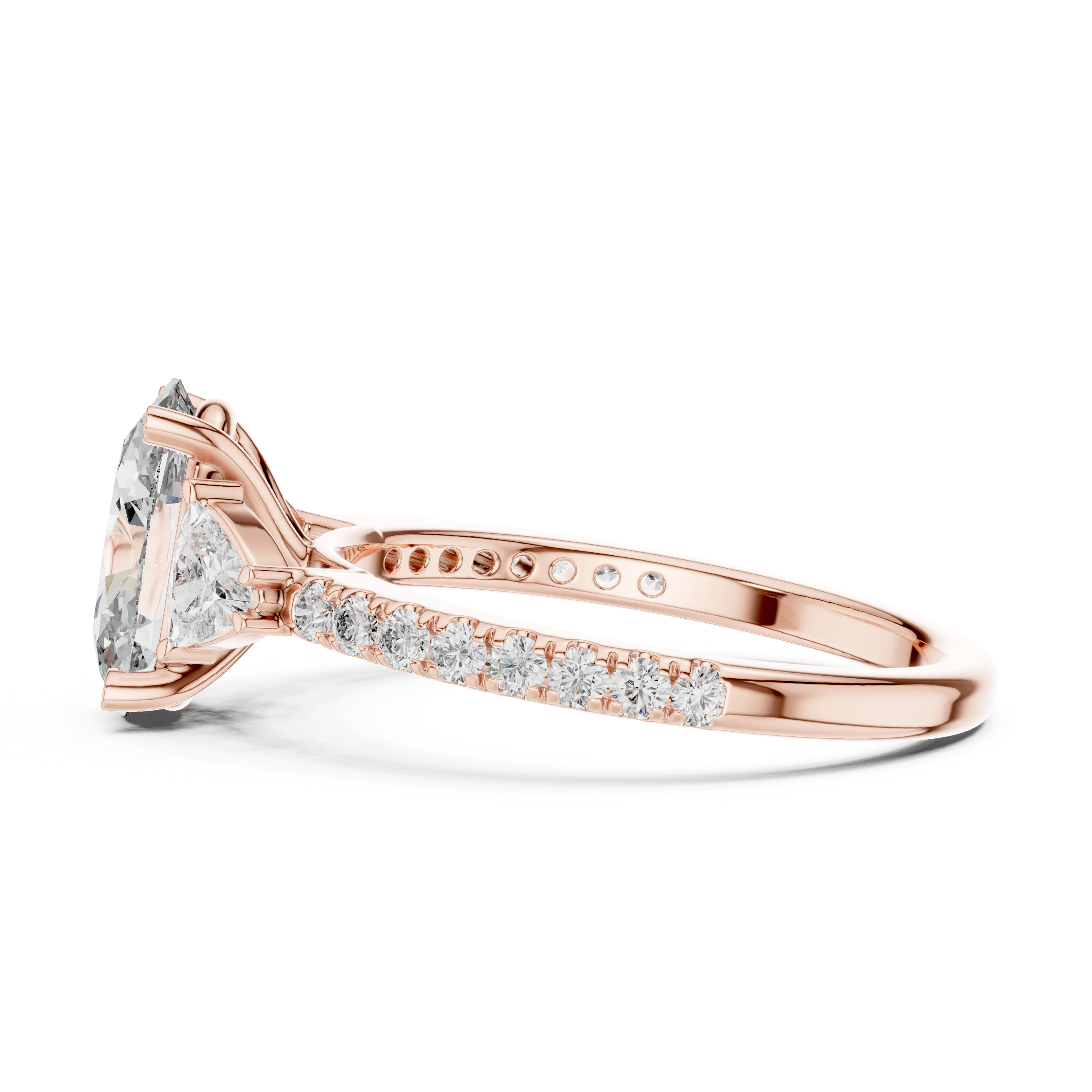 Diamond engagement ring with pear-shaped side stones and pav‚ band