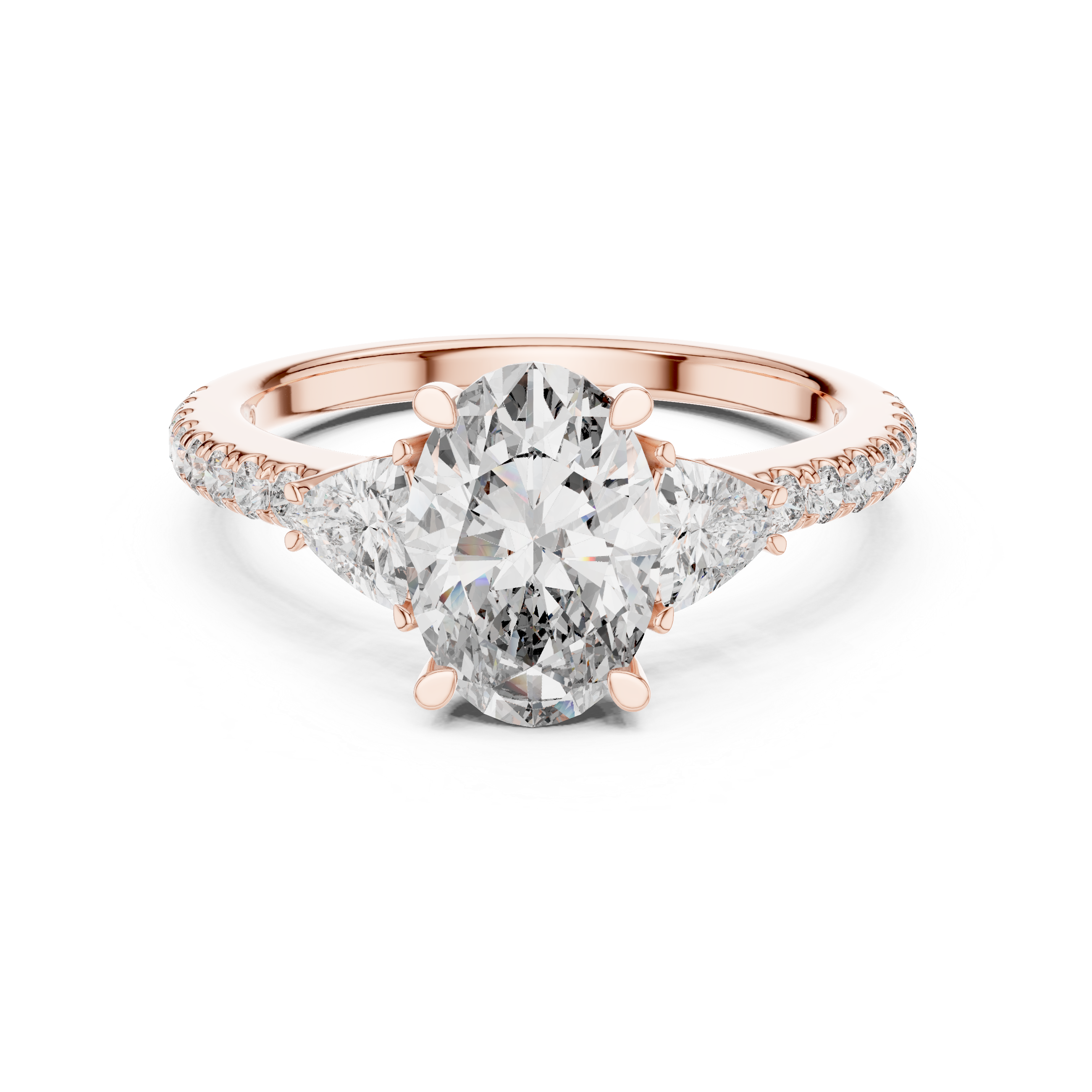 Diamond engagement ring with pear-shaped side stones and pav‚ band