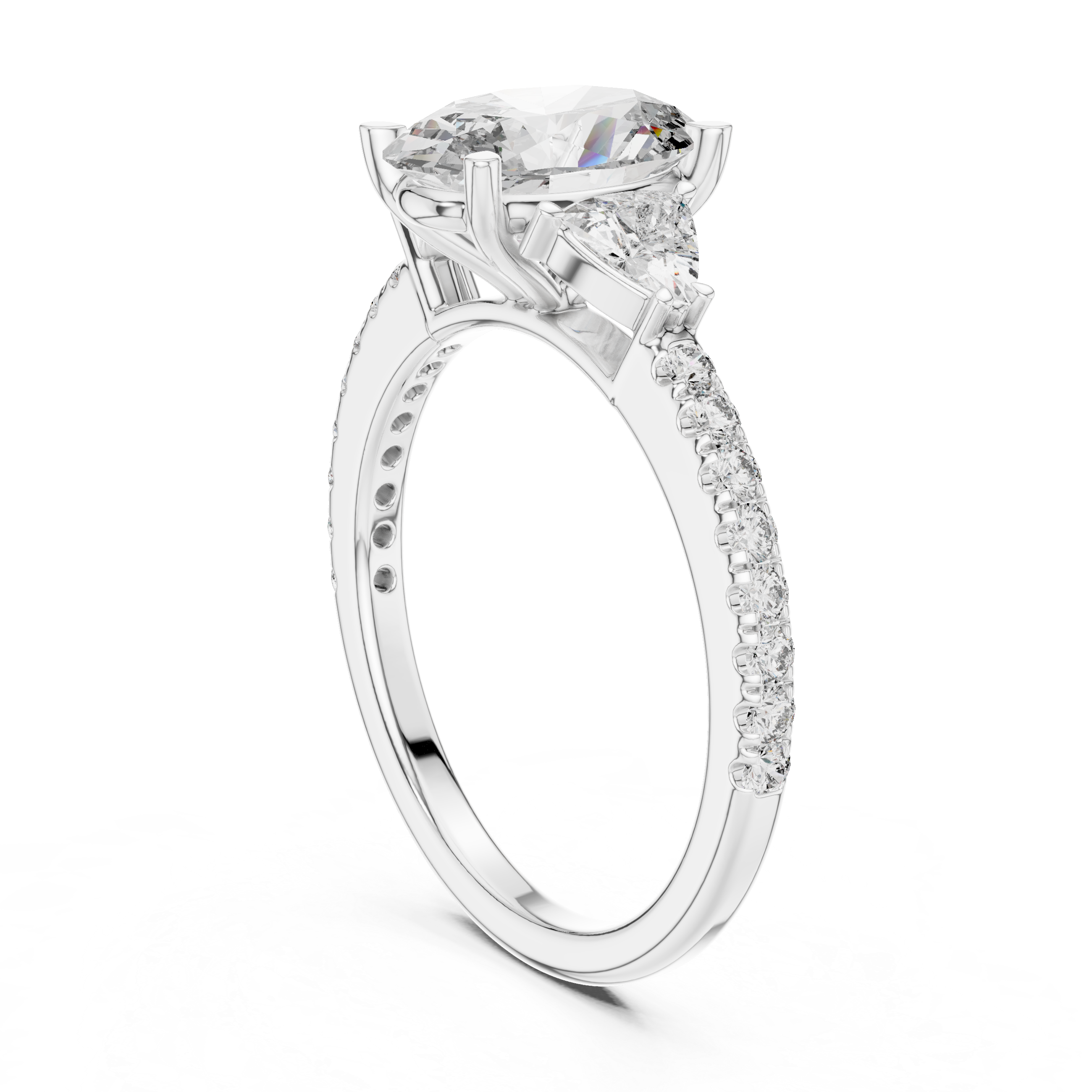 Diamond engagement ring with pear-shaped side stones and pav‚ band