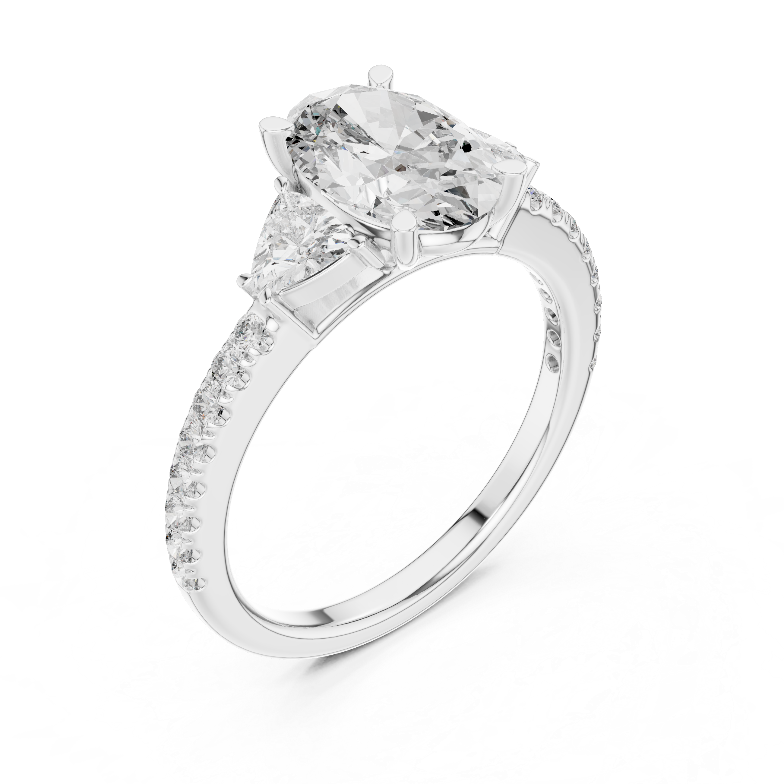 Diamond engagement ring with pear-shaped side stones and pav‚ band
