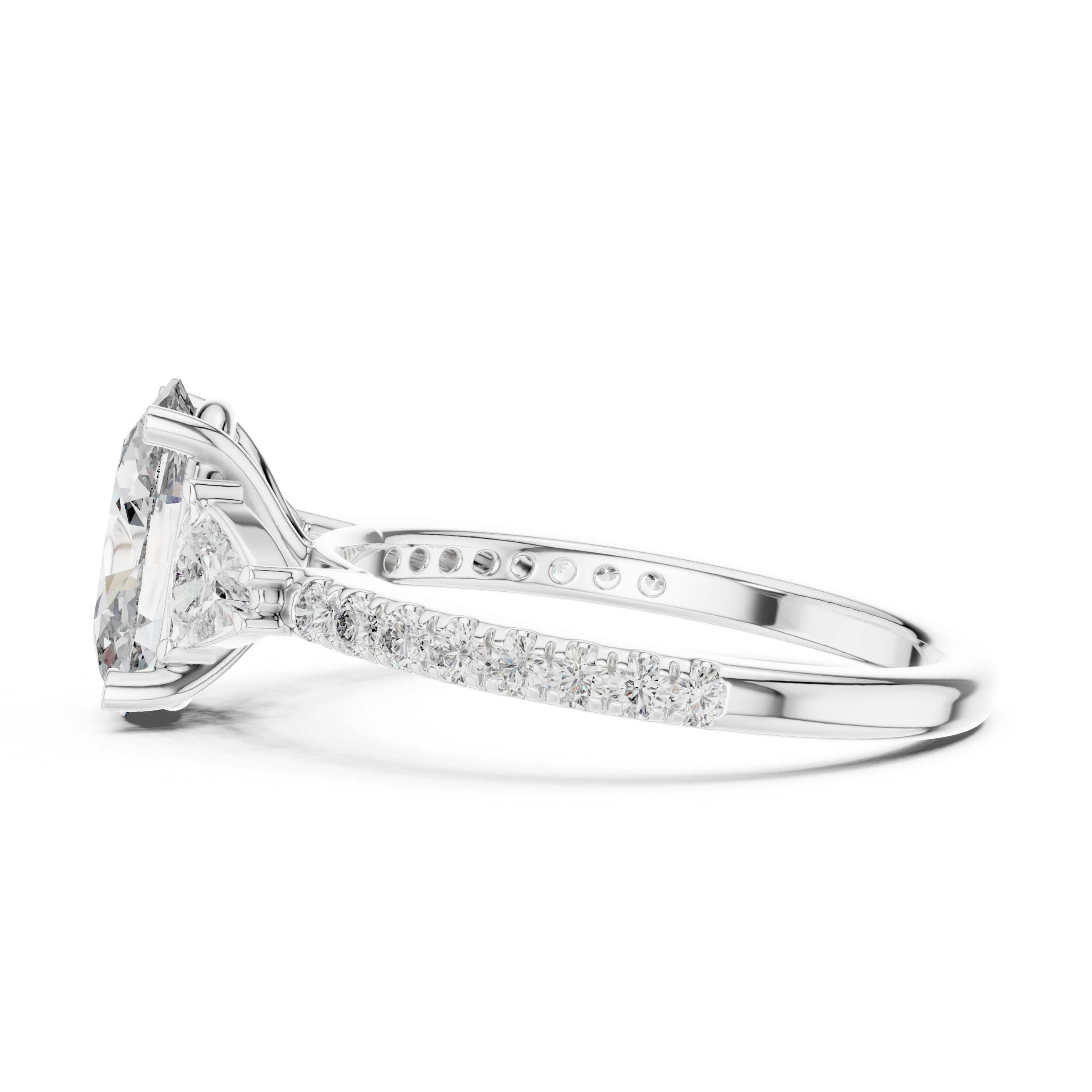 Diamond engagement ring with pear-shaped side stones and pav‚ band