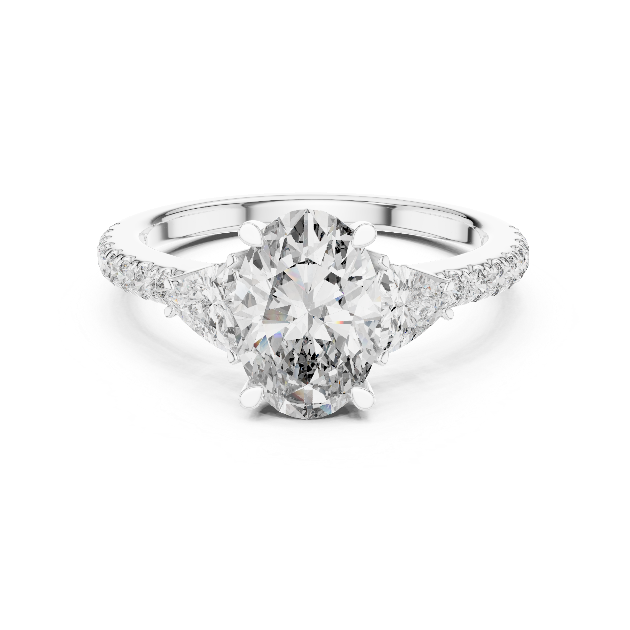 Diamond engagement ring with pear-shaped side stones and pav‚ band