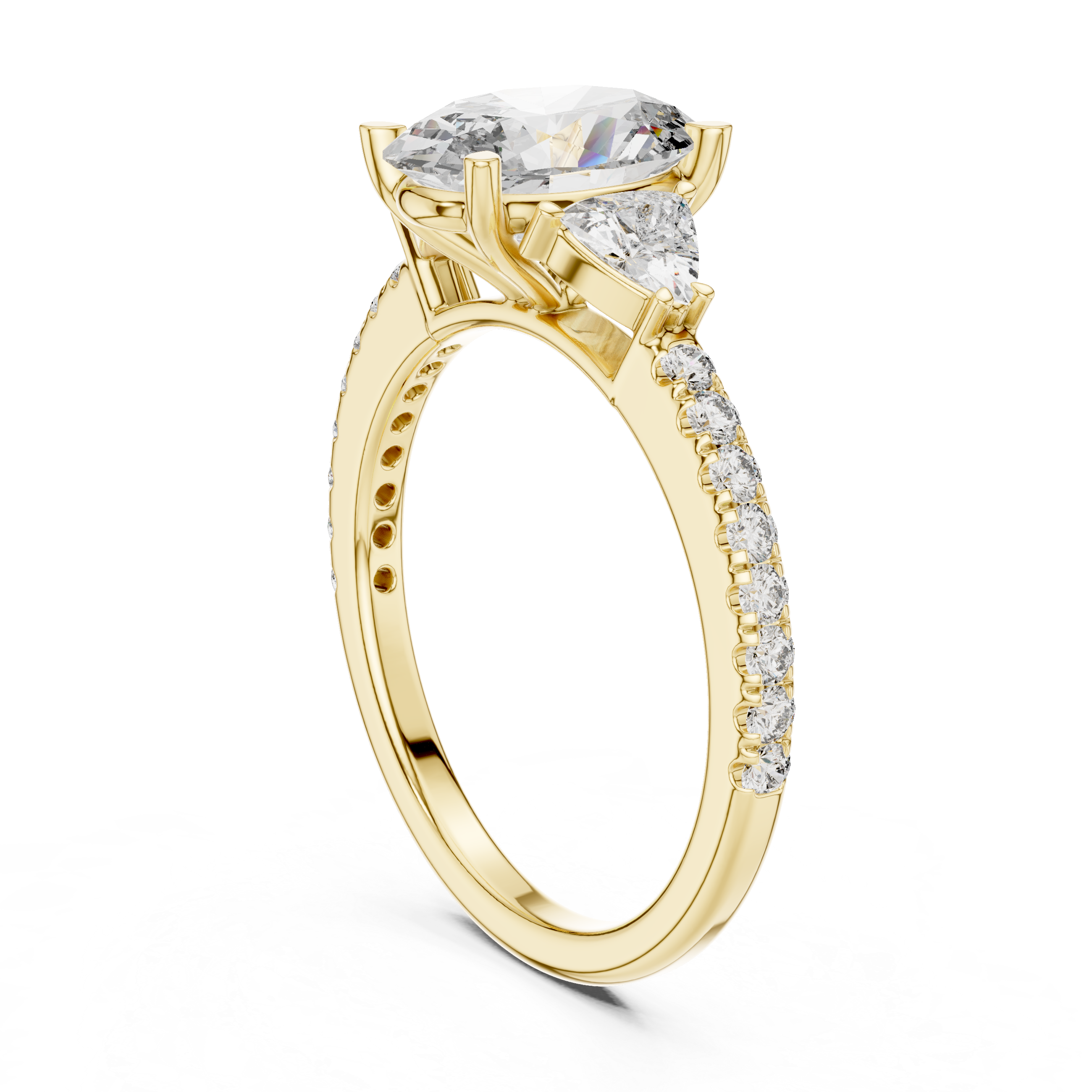 Diamond engagement ring with pear-shaped side stones and pav‚ band