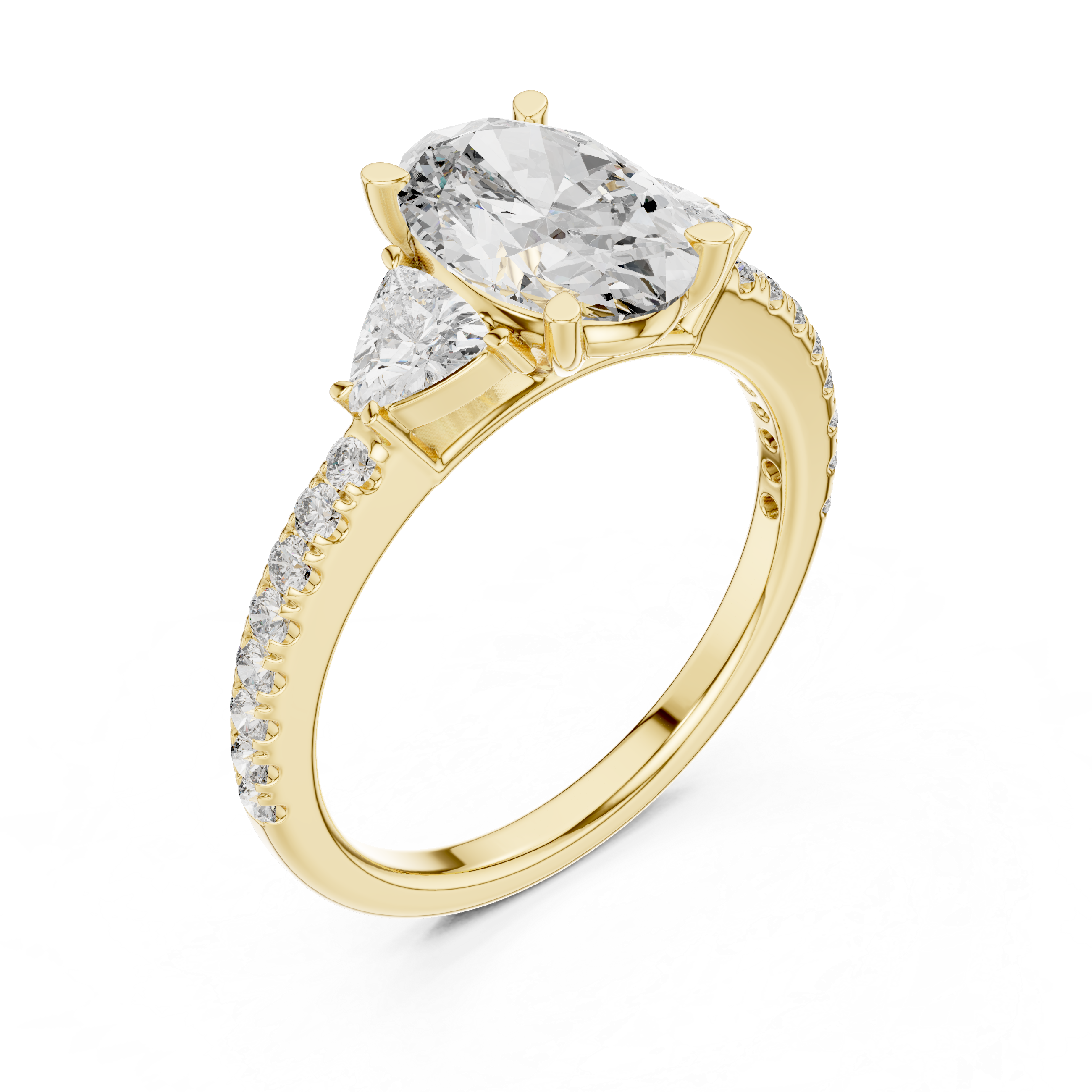 Diamond engagement ring with pear-shaped side stones and pav‚ band