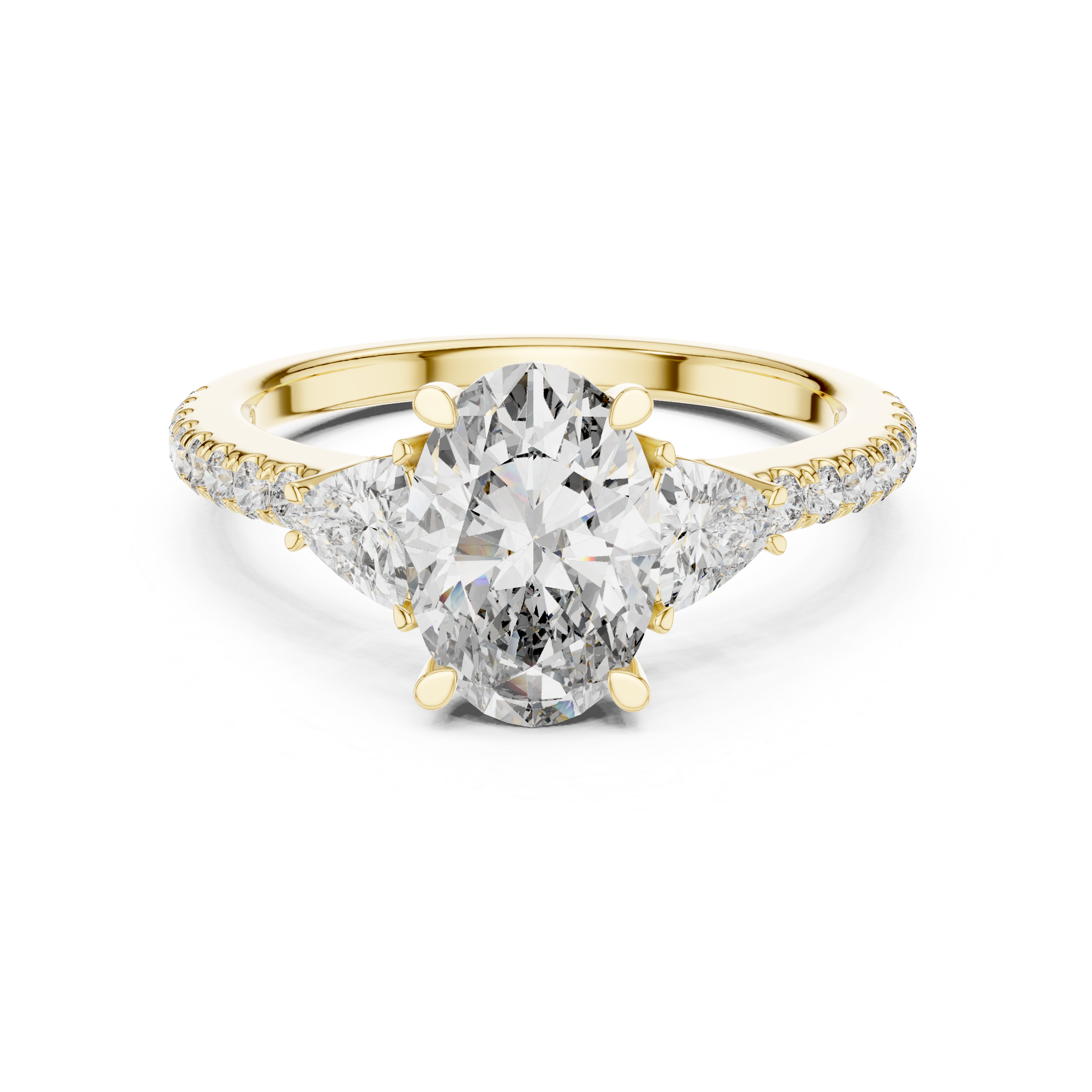 Diamond engagement ring with pear-shaped side stones and pav‚ band