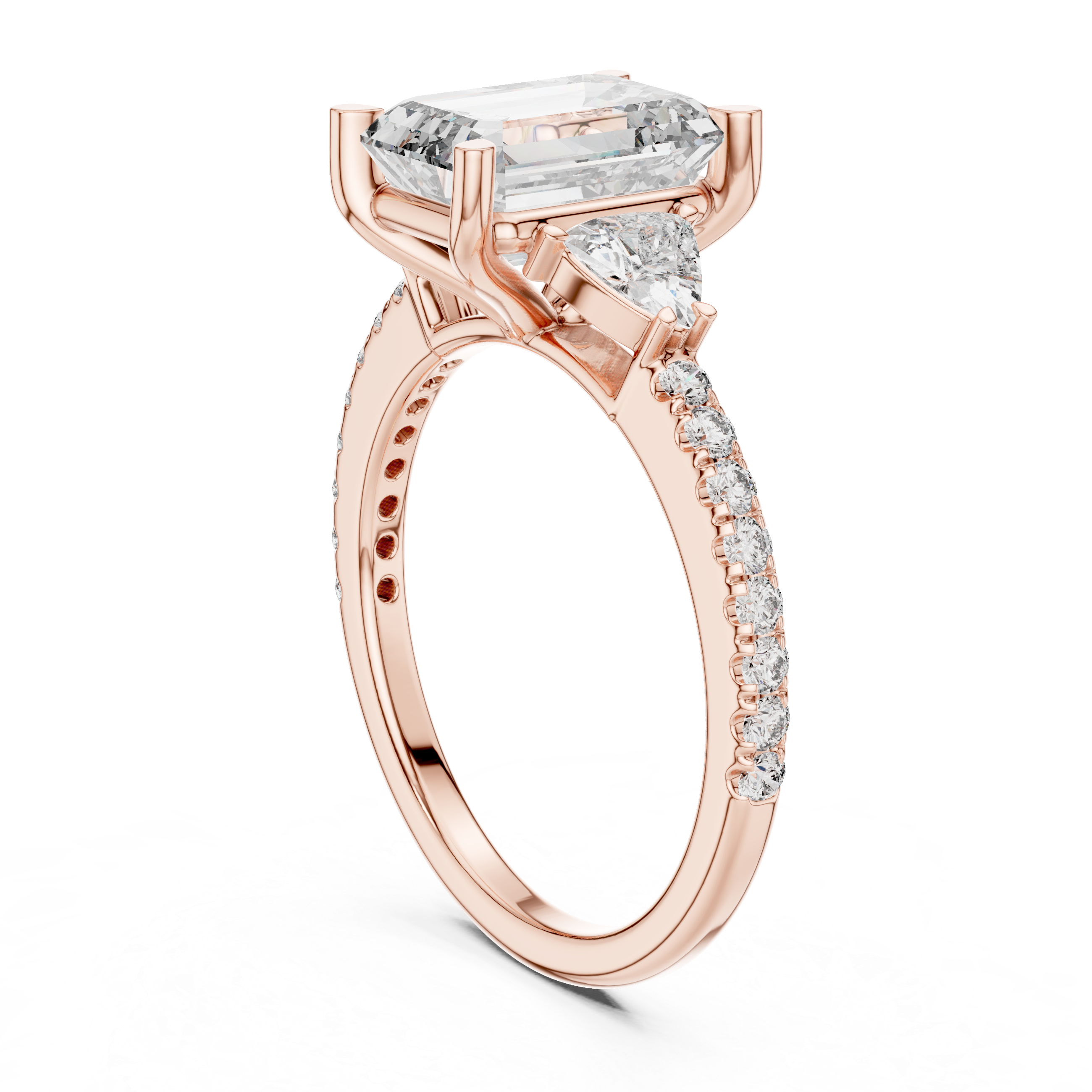 Emerald Cut Diamond Ring with Pear Side Stones and Pav‚ Band