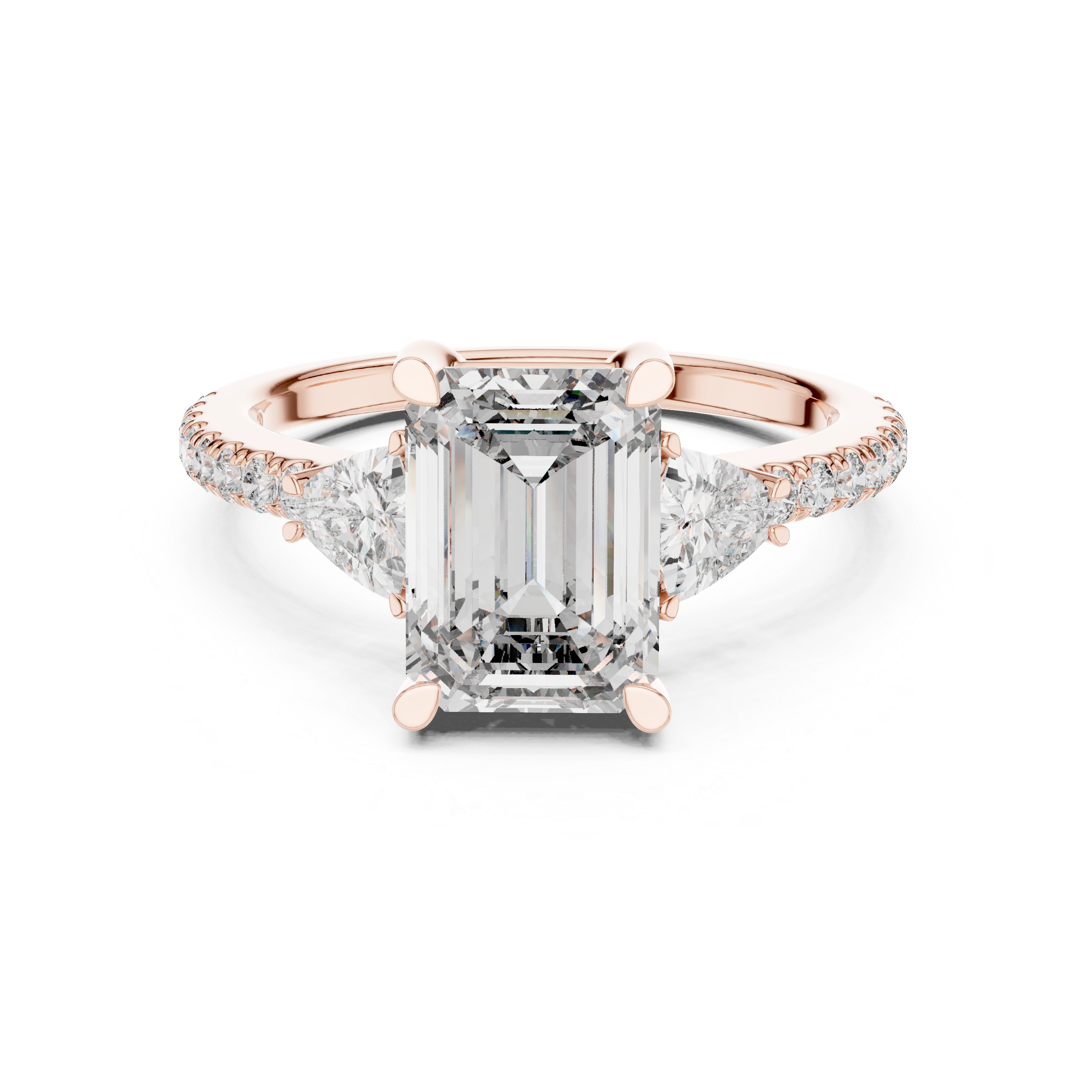Emerald Cut Diamond Ring with Pear Side Stones and Pav‚ Band