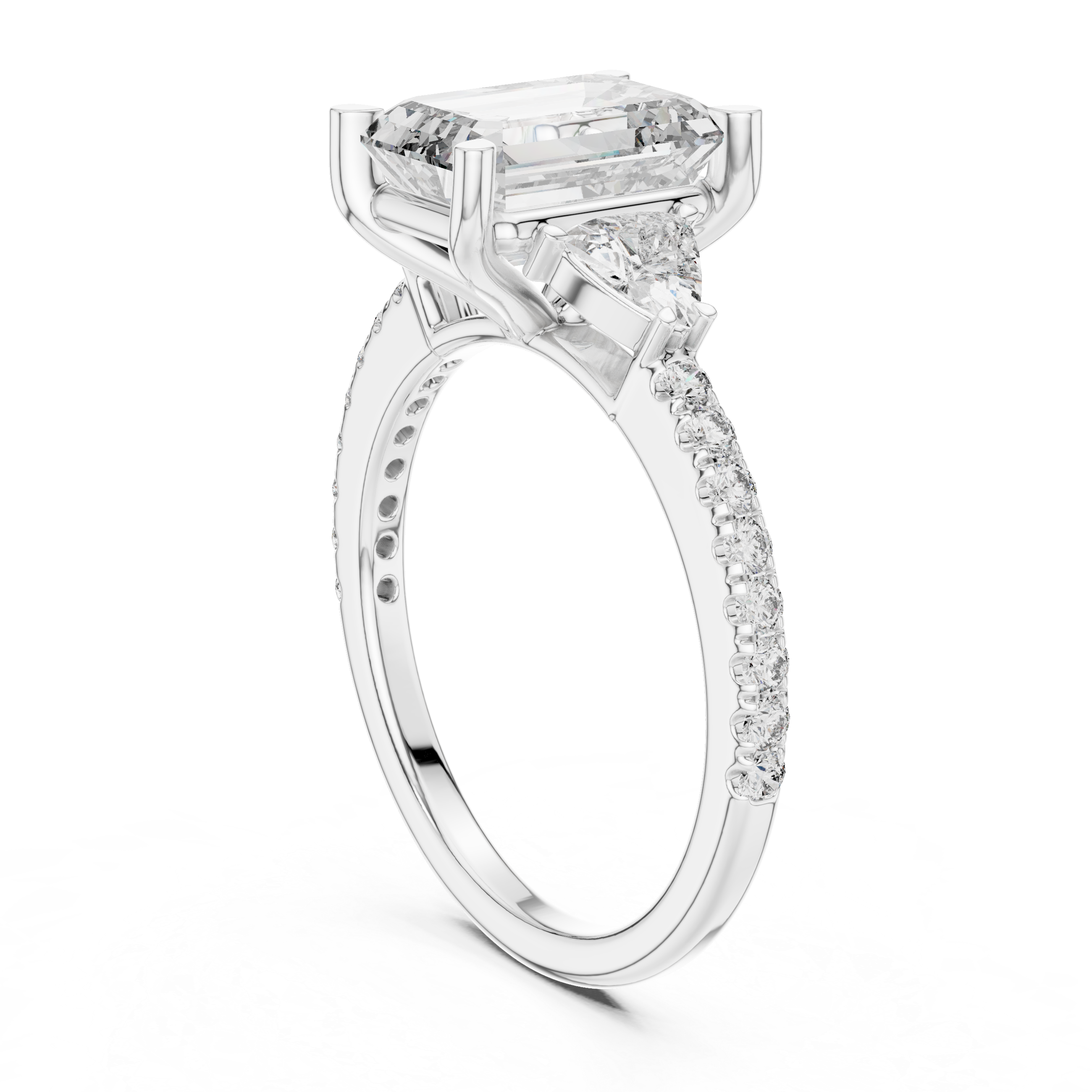 Emerald Cut Diamond Ring with Pear Side Stones and Pav‚ Band