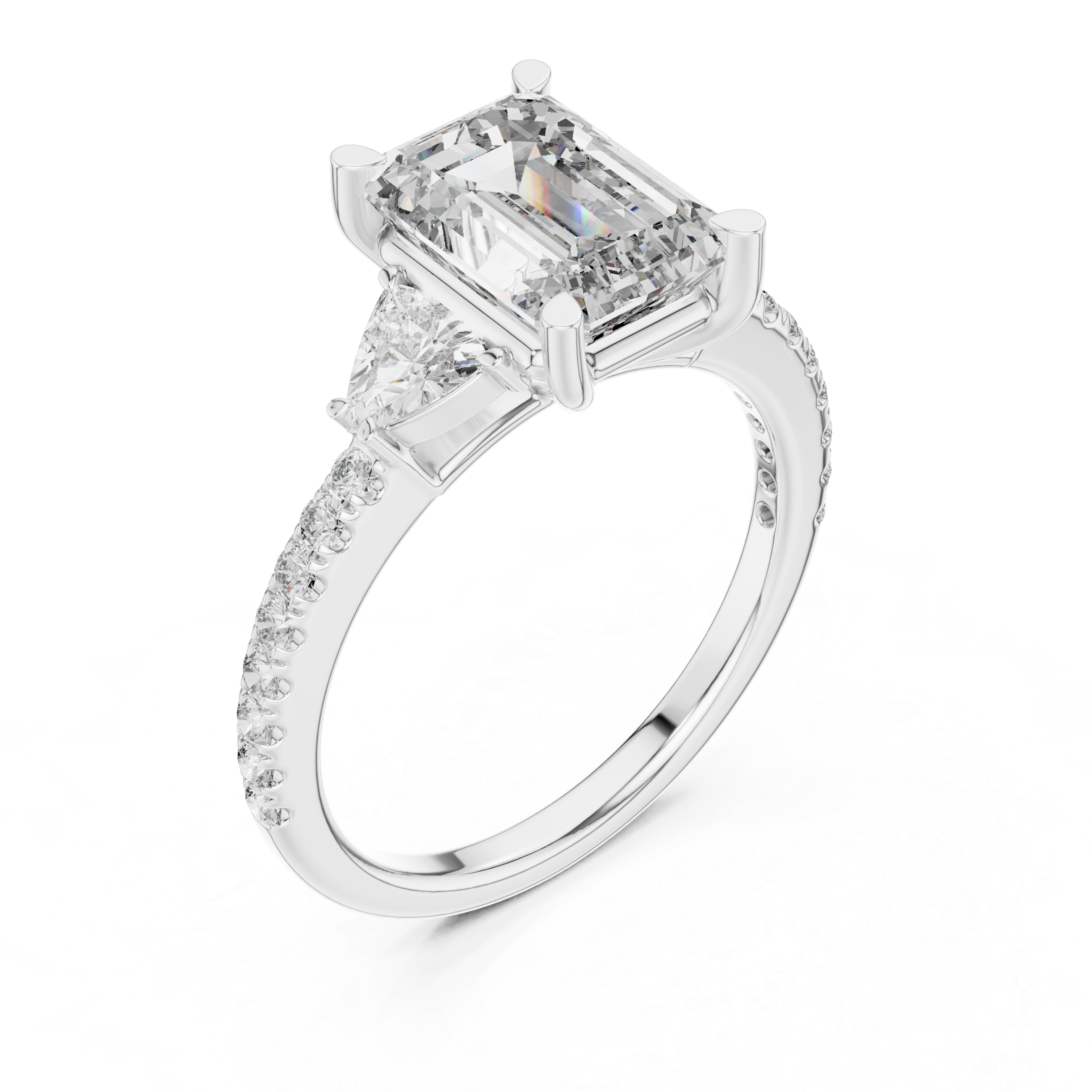 Emerald Cut Diamond Ring with Pear Side Stones and Pav‚ Band